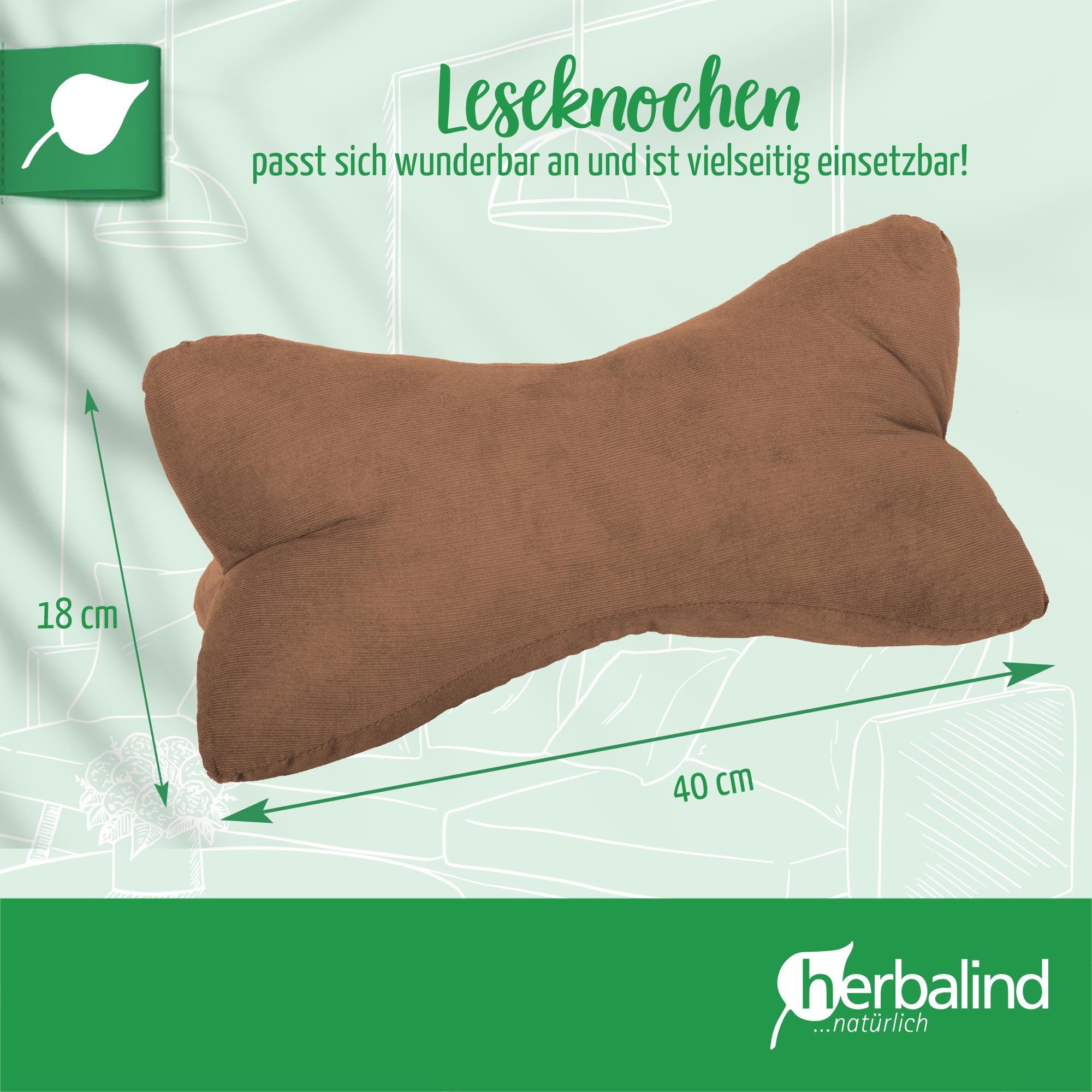 Herbalind Leseknochen Feiner Cord WOHLFÜHLZEIT - 100% Baumwolle Babycord robust und waschbar - Nackenkissen in Trendfarben, vielseitig einsetzbar - 40x18 cm, braun