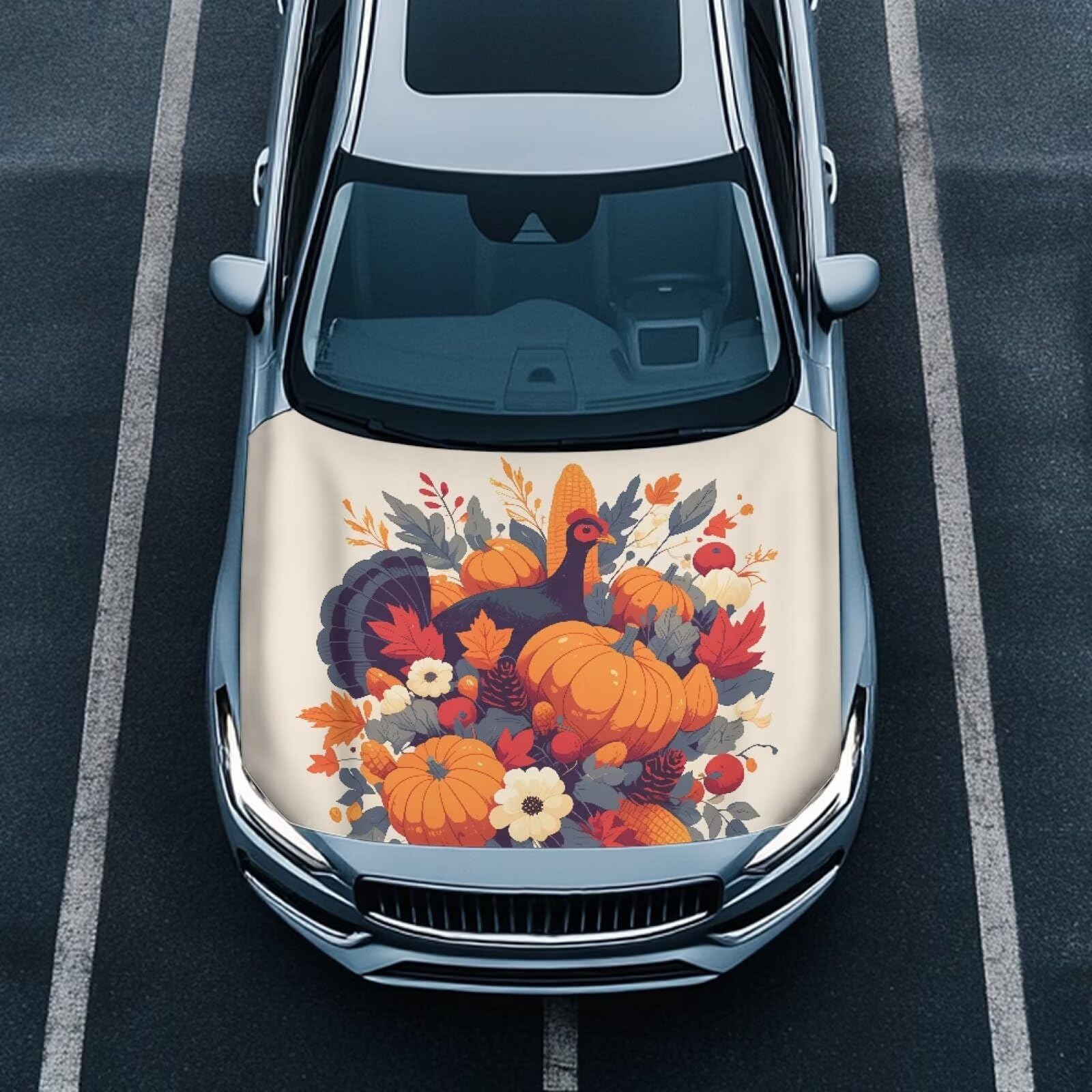 Turkey Pumpkin Hood Cover for Car, Thanksgiving Turkey 3X5FT Automotive Exterior Accessories for SUV Sedans Trucks Stretchable Floral Maple Leaves Car Bonnet Protector