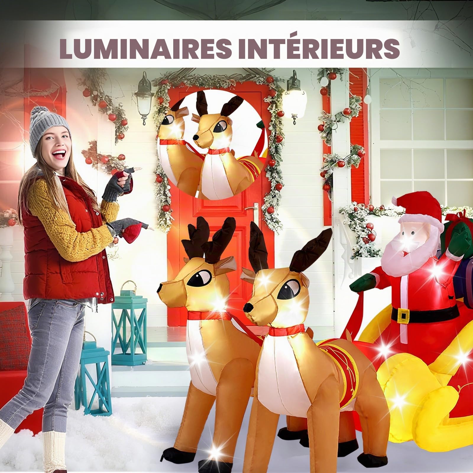 Père Noël Gonflable traîneau et Rennes éclairage LED décoration Noël extérieur fête Lumineux Personnage 220 * 110 * 130cm