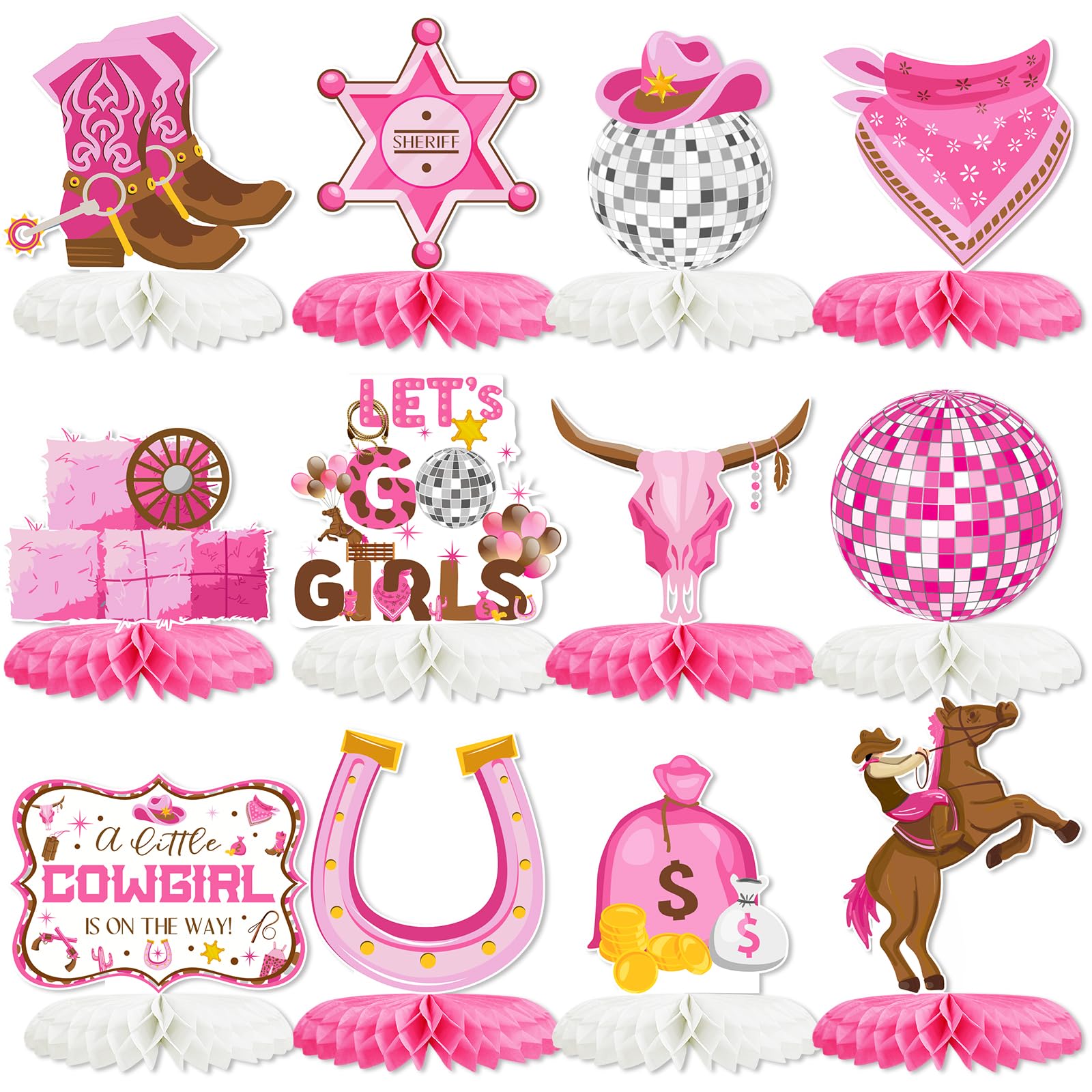 12PCS Cowgirl Party Decorations Western Cowgirl Honeycomb Centerpieces for Tables Lets Go Girls Party Decor for Birthday Baby Shower Supplies
