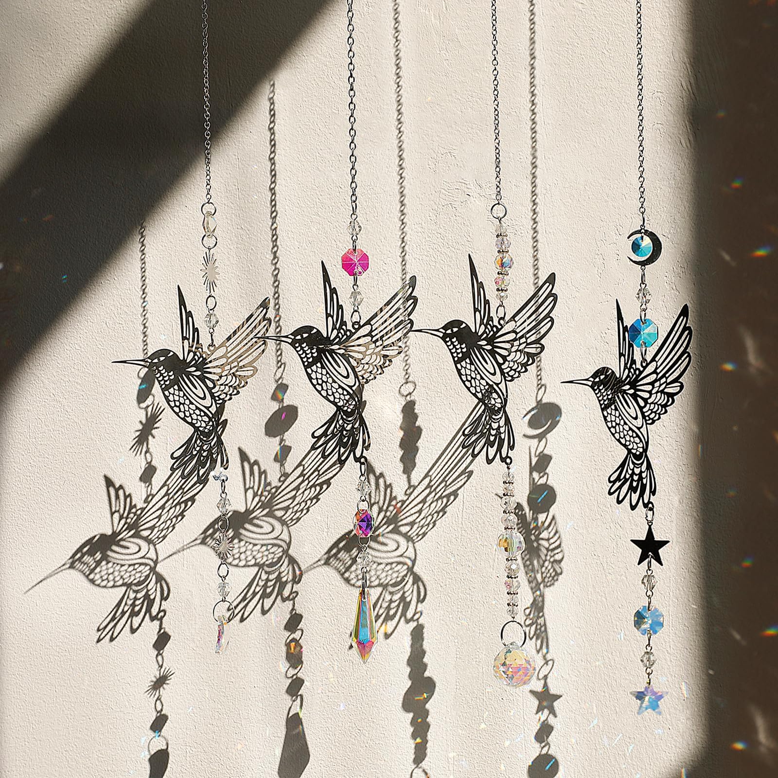 Artilady Hummingbird Wind Chimes for Outside -Hanging Prism Crystal Sun Catchers Indoor Window Garden Porch Backyard Decor Home Decorations Birthday for Women Girls (Silver, 4 PCS)