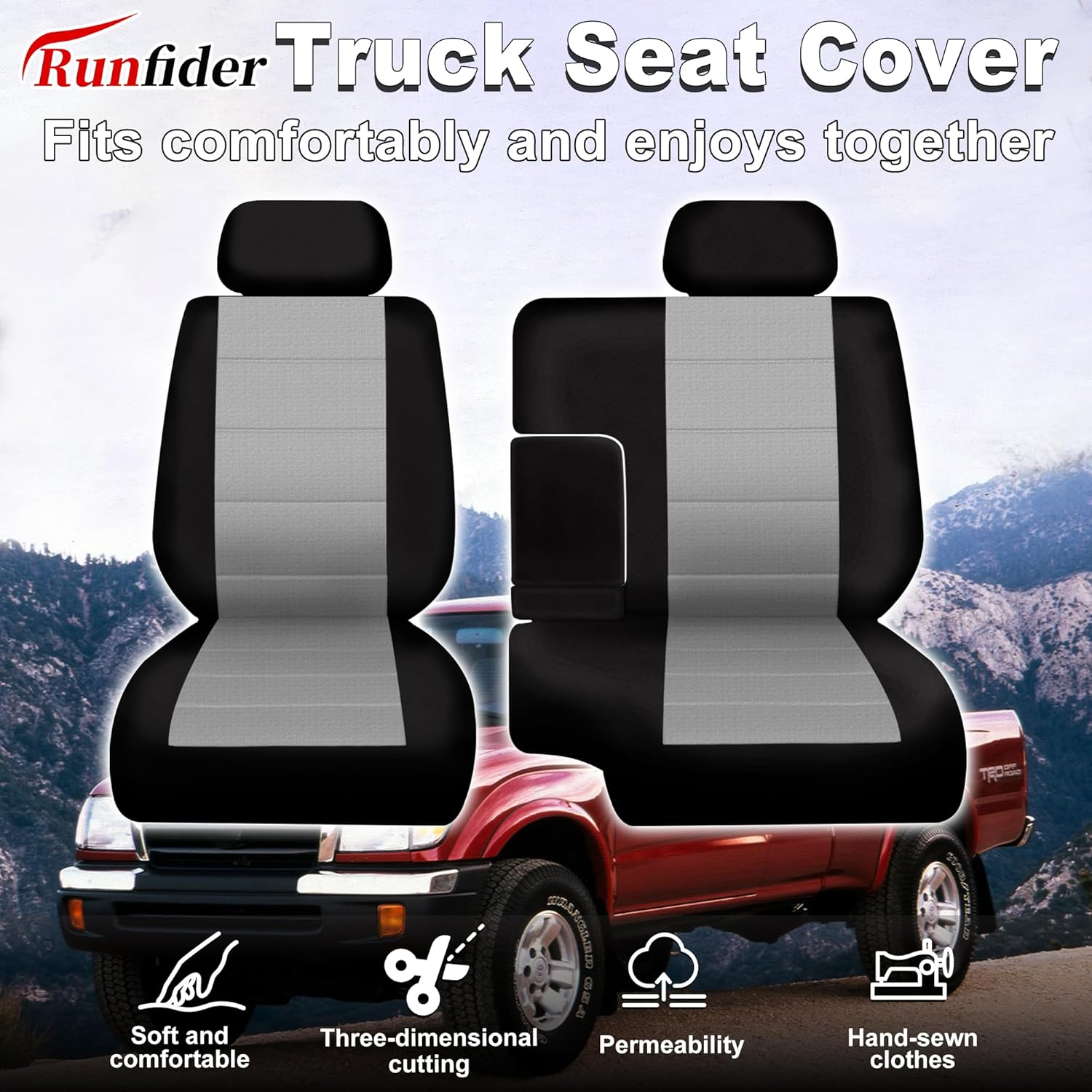 Front 60/40 Bench Seat Covers for Toyota Tacoma 1995-2000 - Water-Resistant Polyester Seat Protectors with Headrest & Console Covers, Easy to Install & Machine Washable, Black & Light Gray