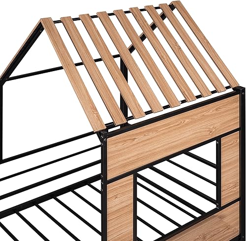 Miniatura 9 de MERITLINE Cama de casa individual para niños, marco de metal, cama baja tipo loft, cama individual de plataforma con techo, no necesita somier, para