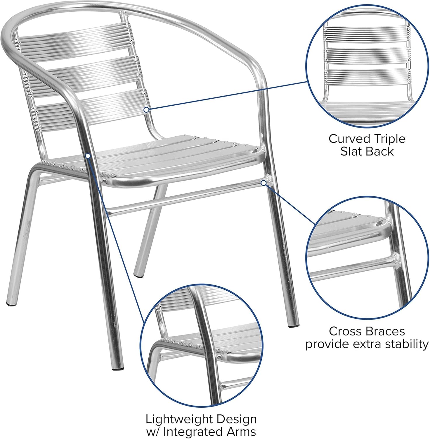 Bowery Hill Metal Stacking Patio Chair, 29" H x 22" W x 24" D, Aluminum Frame, Silver Finish, Lightweight Design, Curved Slat Back, Integrated Arms, Indoor or Outdoor Seating with Plastic Floor Glides