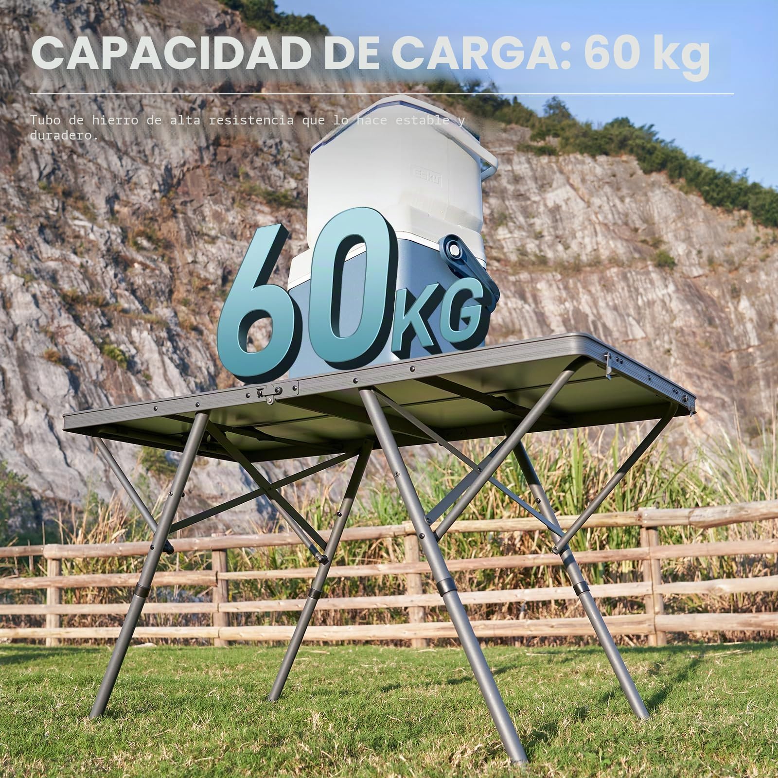 EVER ADVANCED Mesa Plegable Camping 120x60cm XL para 4-6 Personas hasta 60kg con Bolsa de Transporte Estructura Estable para Camping Picnic jardín balcón