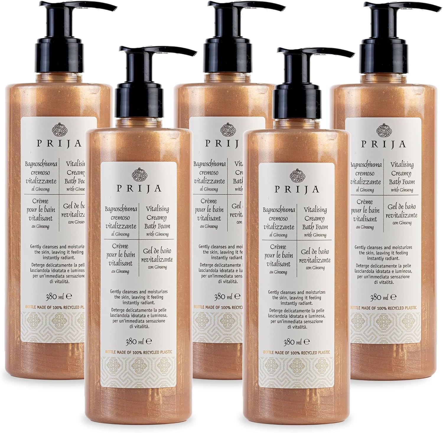Prija Vitalizing Creamy Bath Foam, Pearly Texture for Radiance Boost, Gently Cleanses and Moisturizes The Skin with Ginseng Extract 5 x 12.85 Fl. Oz