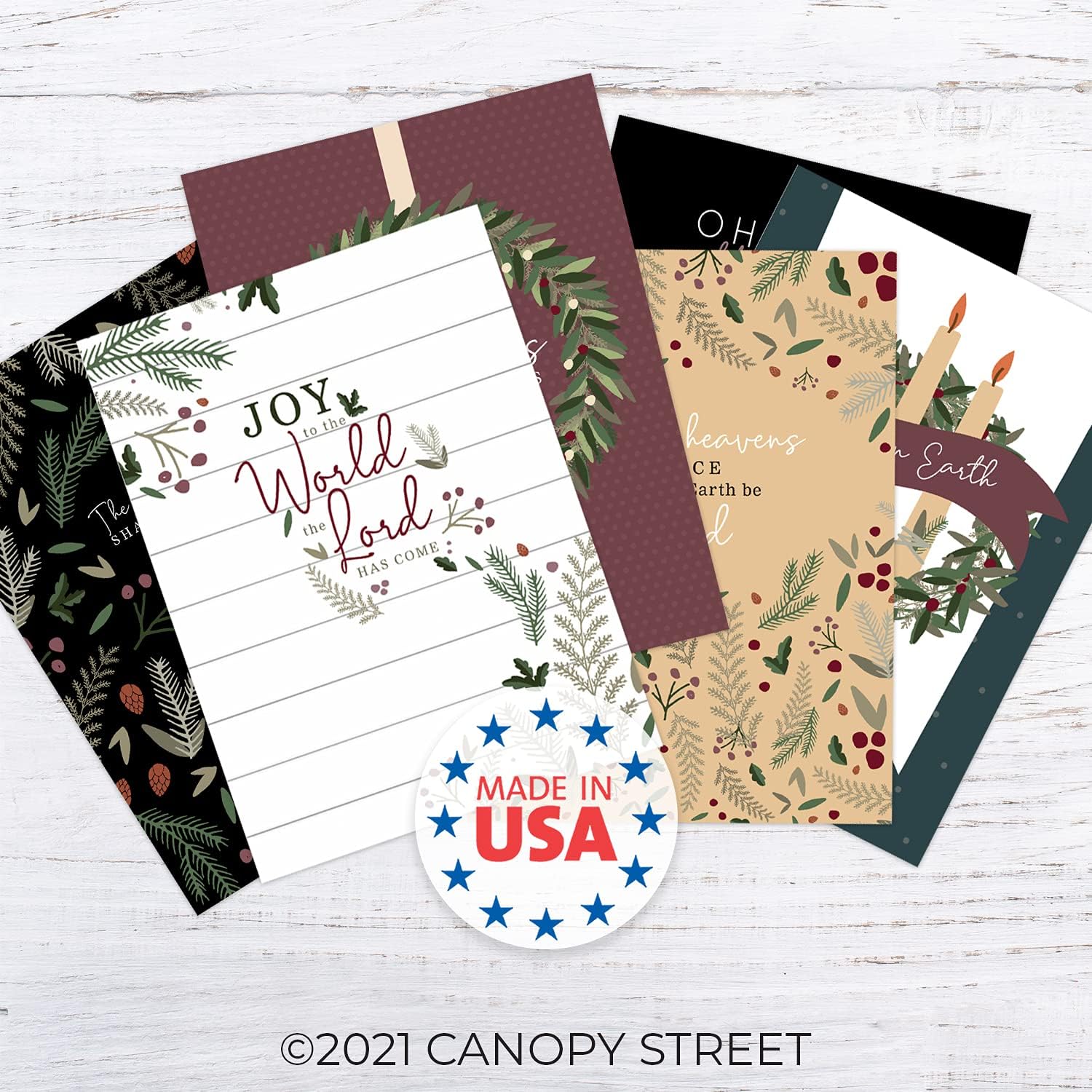 Canopy Street Religious Farmhouse Holiday Cards / 24 Christian Cards With White Envelopes / 4 5/8" x 6 1/4" Christmas Cards / 6 Festive Winter Card Designs