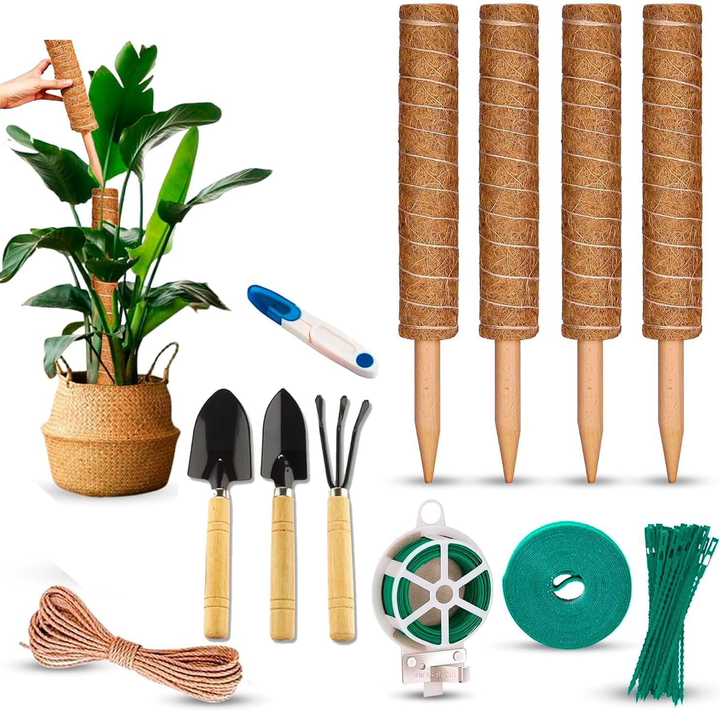 Moss Pole 50 Inch Monstera Plant Support, 4 Pcs 17.5 Inch Plant Stakes for Indoor Plants, Coco Coir Moss Sticks for Climbing Live Plants with Plant Tool, Twist Tape, Vel cro Tape, Jute Rope & Scissor