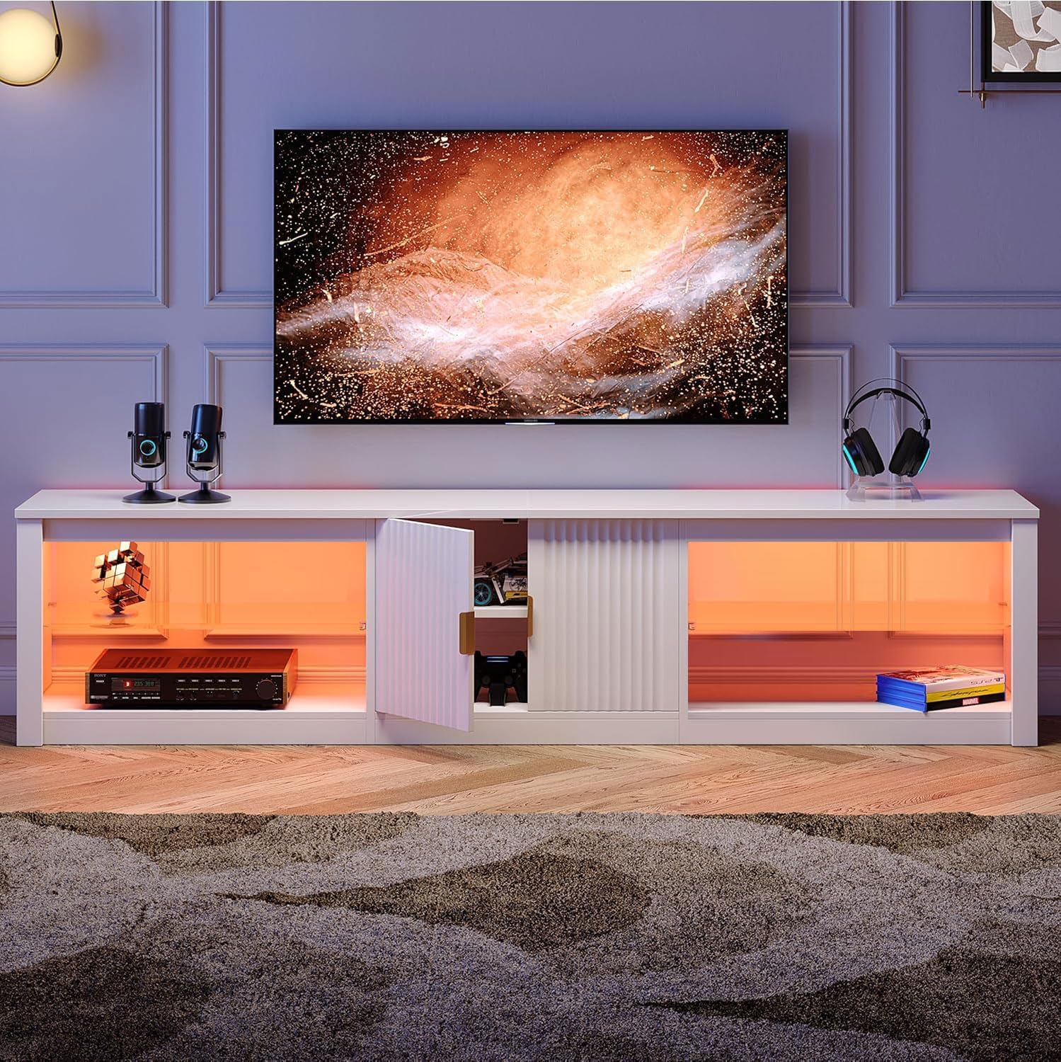 Bestier 80 Inch TV Stand for 75/85/86 inch TVs, Modern LED Entertainment Center with Fluted Storage Cabinet & Adjustable Shelves, High Gloss TV Console Table for Living Room Bedroom, White Glossy