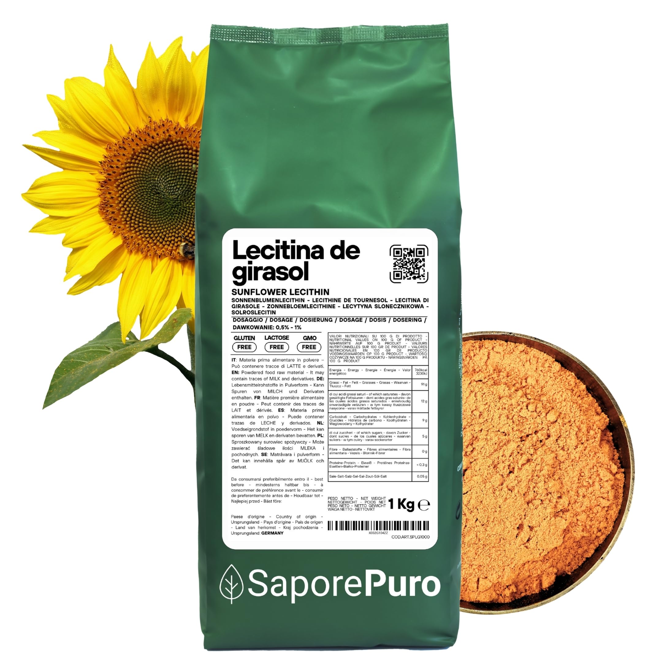 SaporePuro Lecitina de Girasol en Polvo 1000 g – Emulsionante Natural SIN GLUTEN