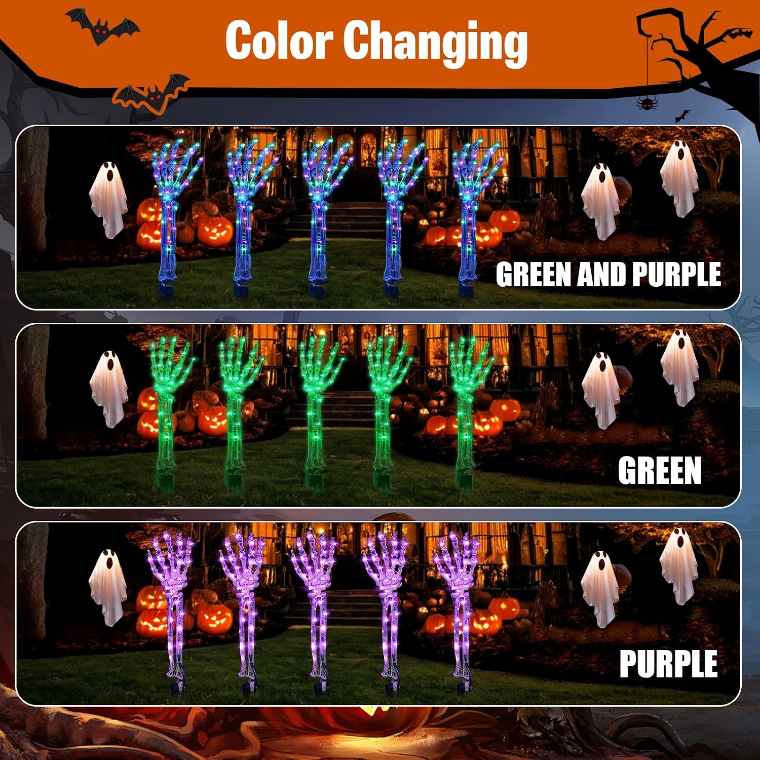 Solar Halloween Decorations,5Pack Skeleton Hands Halloween Pathway Lights - Waterproof LED Stakes with 250 Purple & Green Lights, 8 Modes - Scary Outdoor Yard Solar Powered Haunted Decorations thumbnail