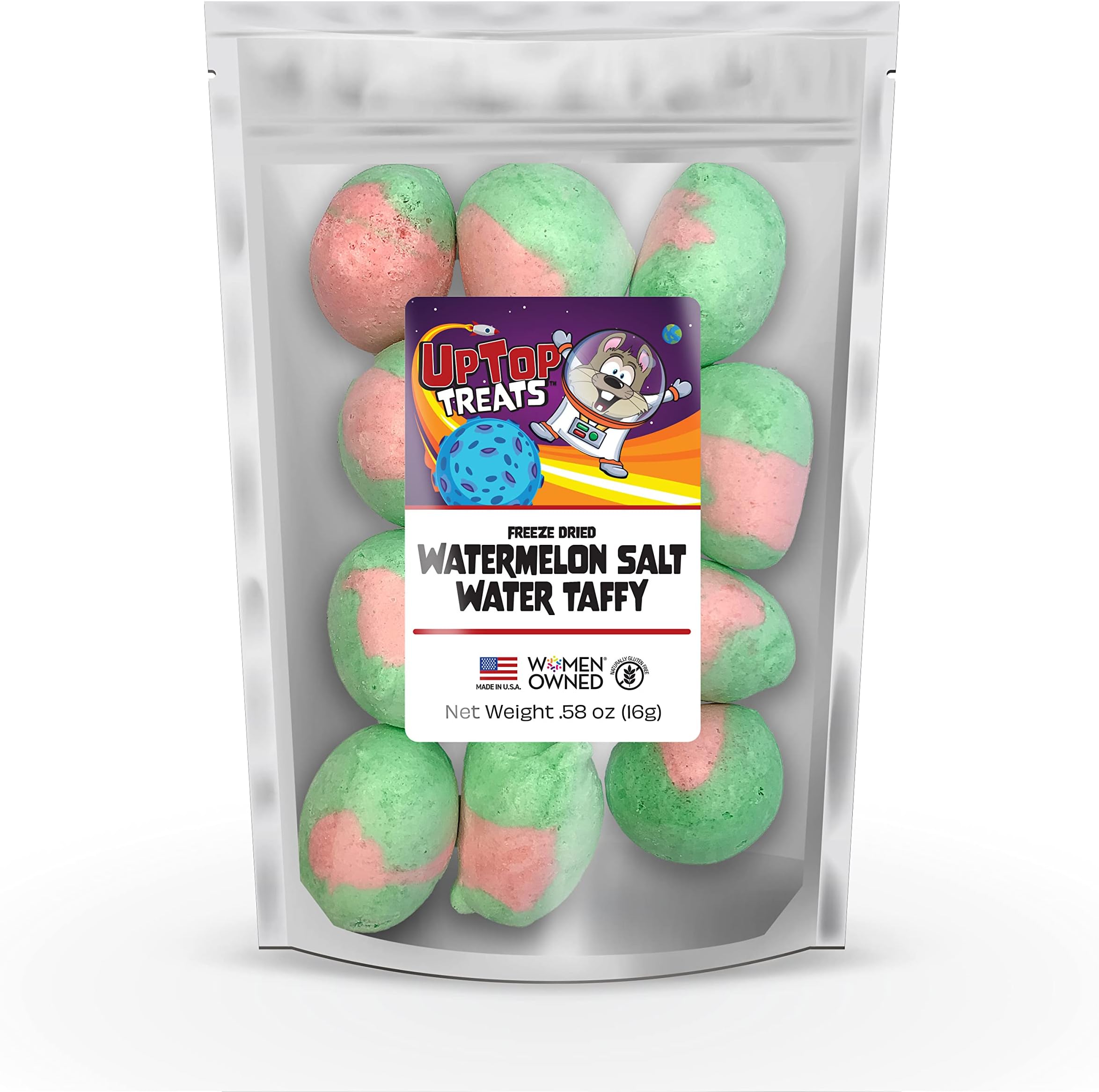 Freeze Dried Salt Water Taffy — Watermelon Flavor | 12 Pieces of Fruity Taffy Puffs for Backpackers, Camping, or as an Exotic Candy Snack | Vegan & Dairy Free & Made in USA