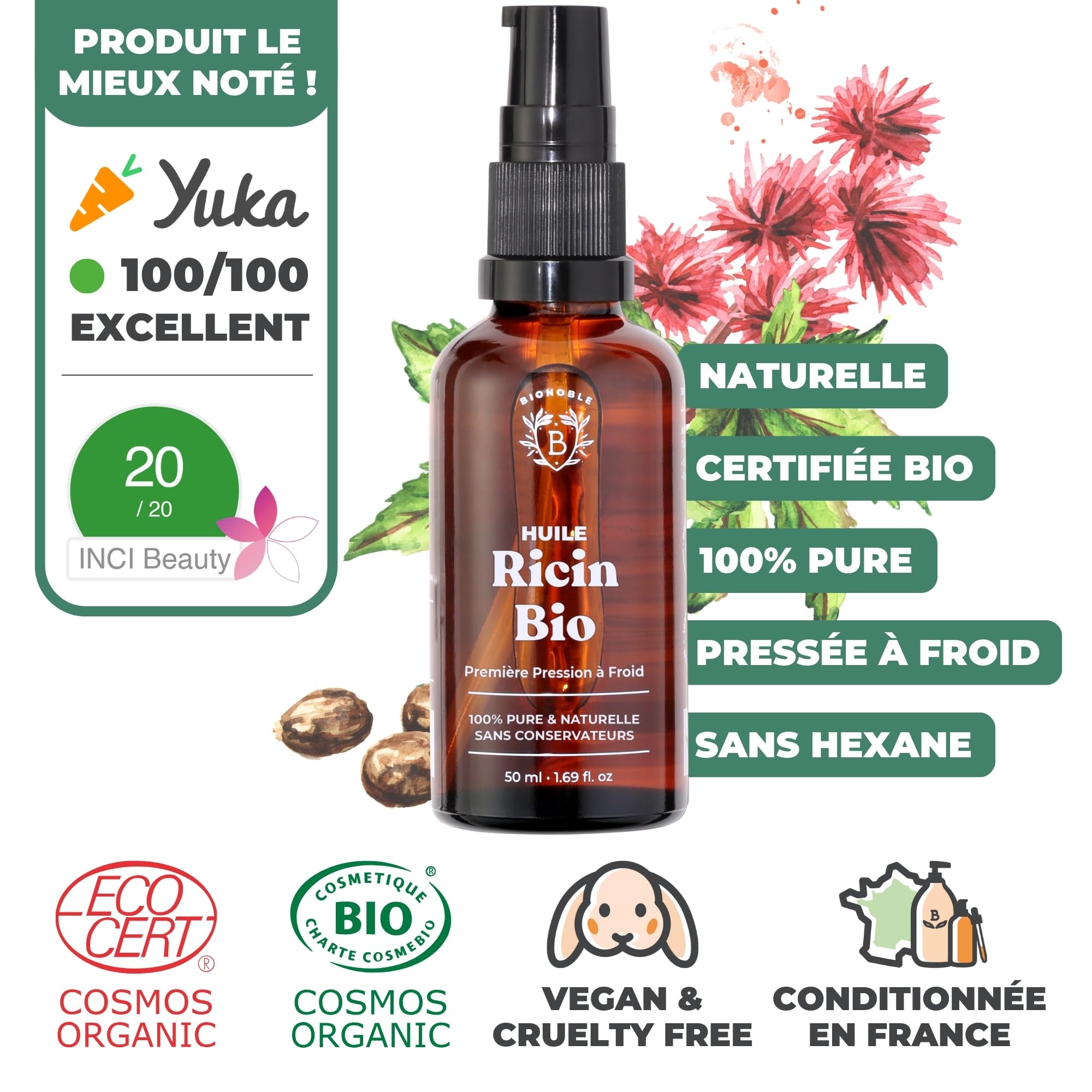 BIONOBLE Huile de Ricin Bio Pressée à Froid, 100% Naturelle - Favorise la Pousse, Répare - Huile de Ricin pour Cheveux, Cils, Sourcils - Castor Oil - Flacon Verre, Pipette, Pompe - 50ml