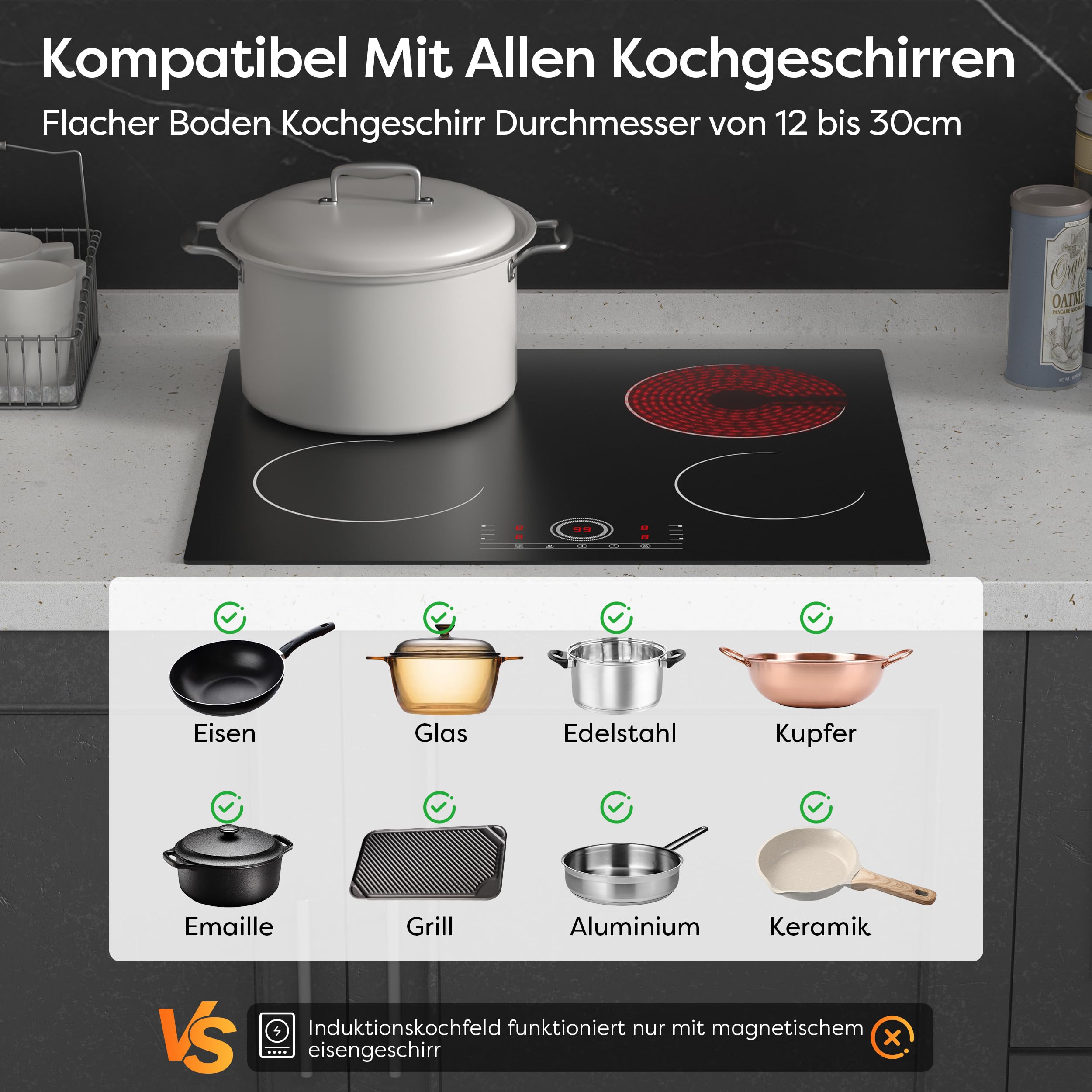 CDV Einbau Glaskeramikkochfeld 4 Platten 59 cm 6000 W | Autarkes Kochfeld mit 99-Min-Timer, 9 Leistungsstufen, Touch-Steuerung, Kindersicherung und Geeignet für Flache Töpfe
