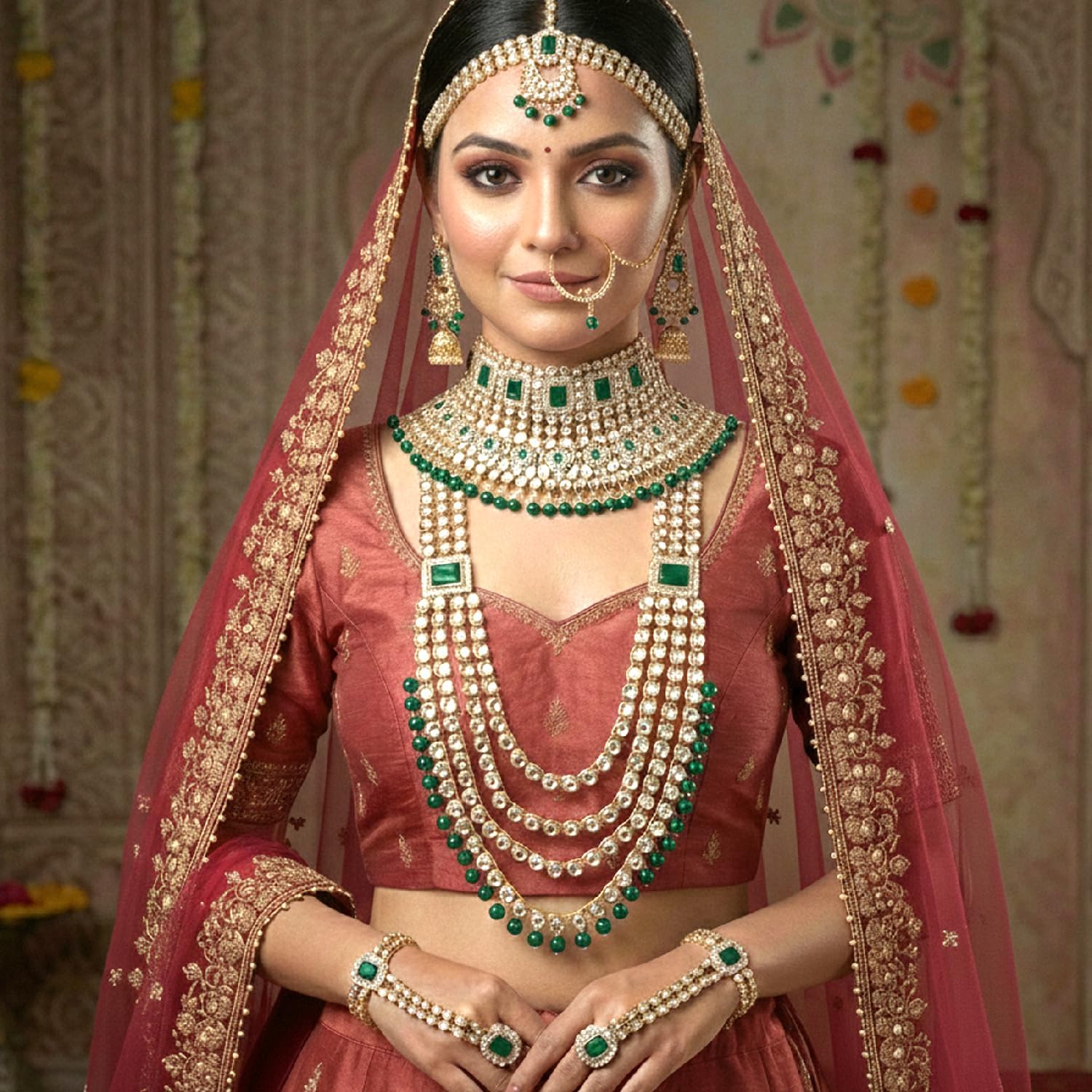 Aheli Traditional Wedding Indian Bharatanatyam jewellery set Long Choker Necklace Earrings Maang Tikka Nath Paasa Hath Phool Gift for Women - Image 2