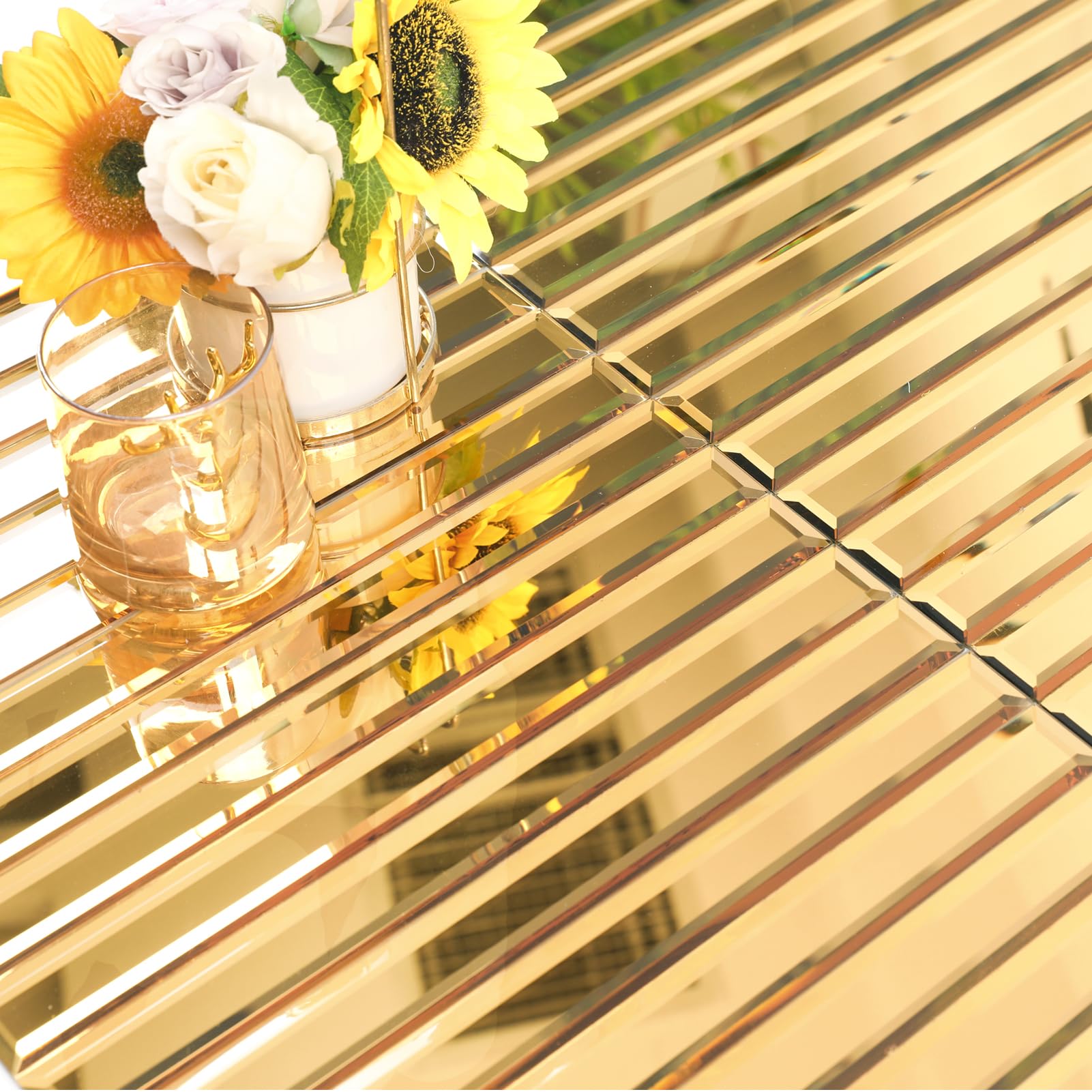 Diflart Peel and Stick Mirror Backsplash Tile, Gold, 11.8 x 11.8 Inch, Beveled Mirror Strip Tile for Kitchen Bathroom Bar Accent Wall, Pack of 5 Sheets