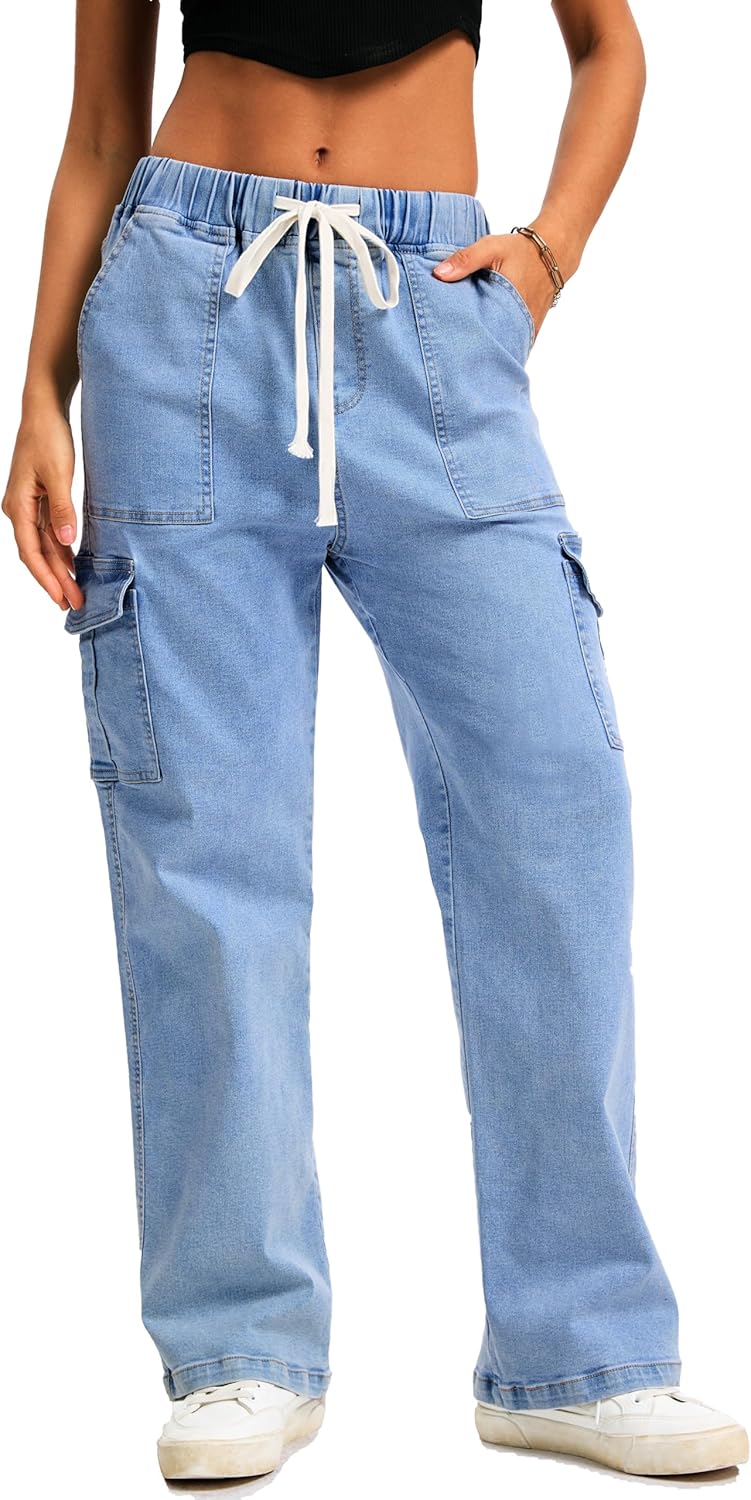 HVEPUO Womens High Waisted Cargo Pants Y2K Baggy Straight Leg Stretchy Jeans for Women Streetwear Trousers Pants 6 Pockets