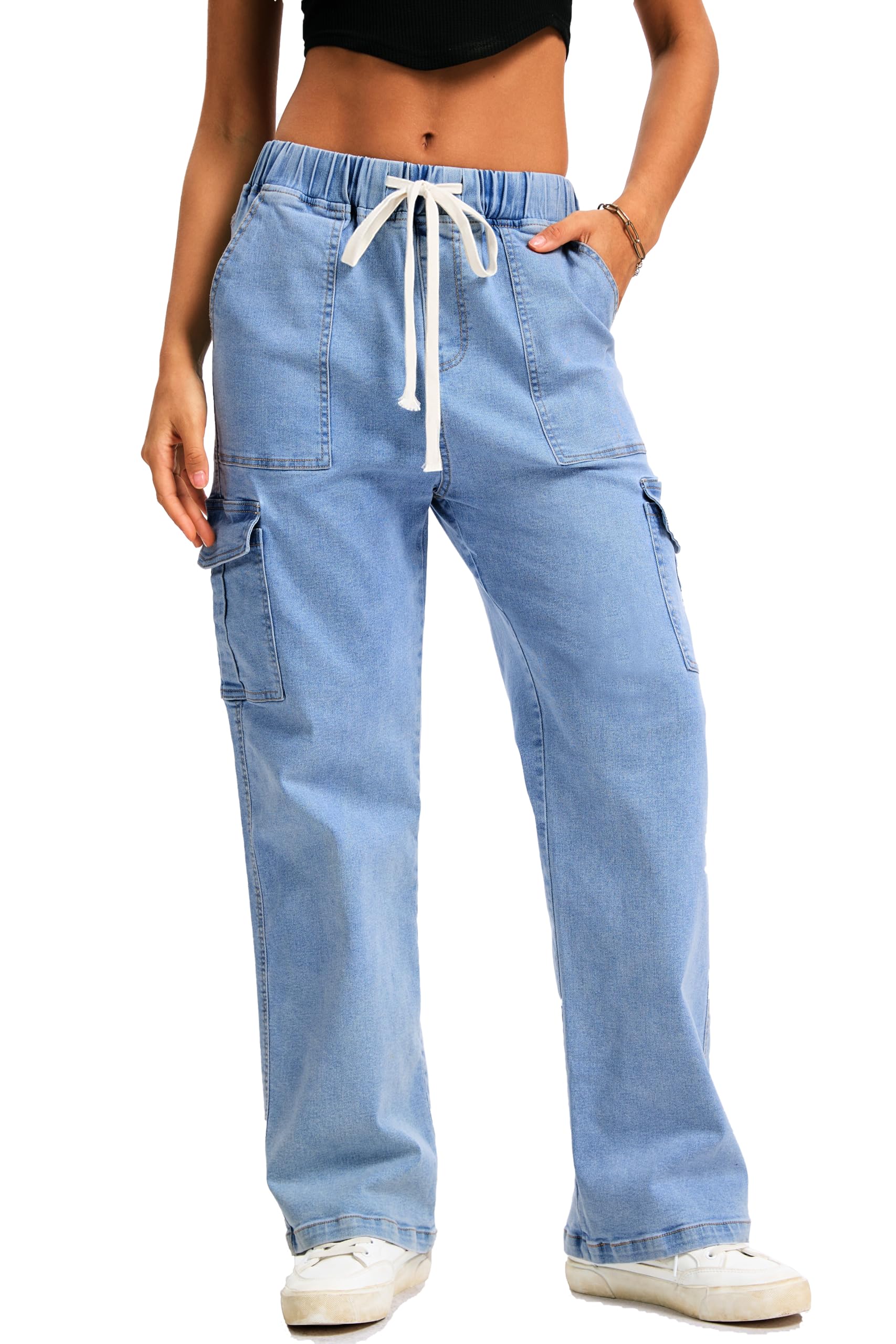 HVEPUO Womens High Waisted Cargo Pants Y2K Baggy Straight Leg Stretchy Jeans for Women Streetwear Trousers Pants 6 Pockets