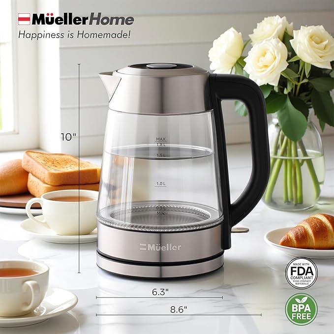 Tetera Eléctrica Mueller Home 1.8L Vidrio Borosilicato Acero Inoxidable miniatura 3