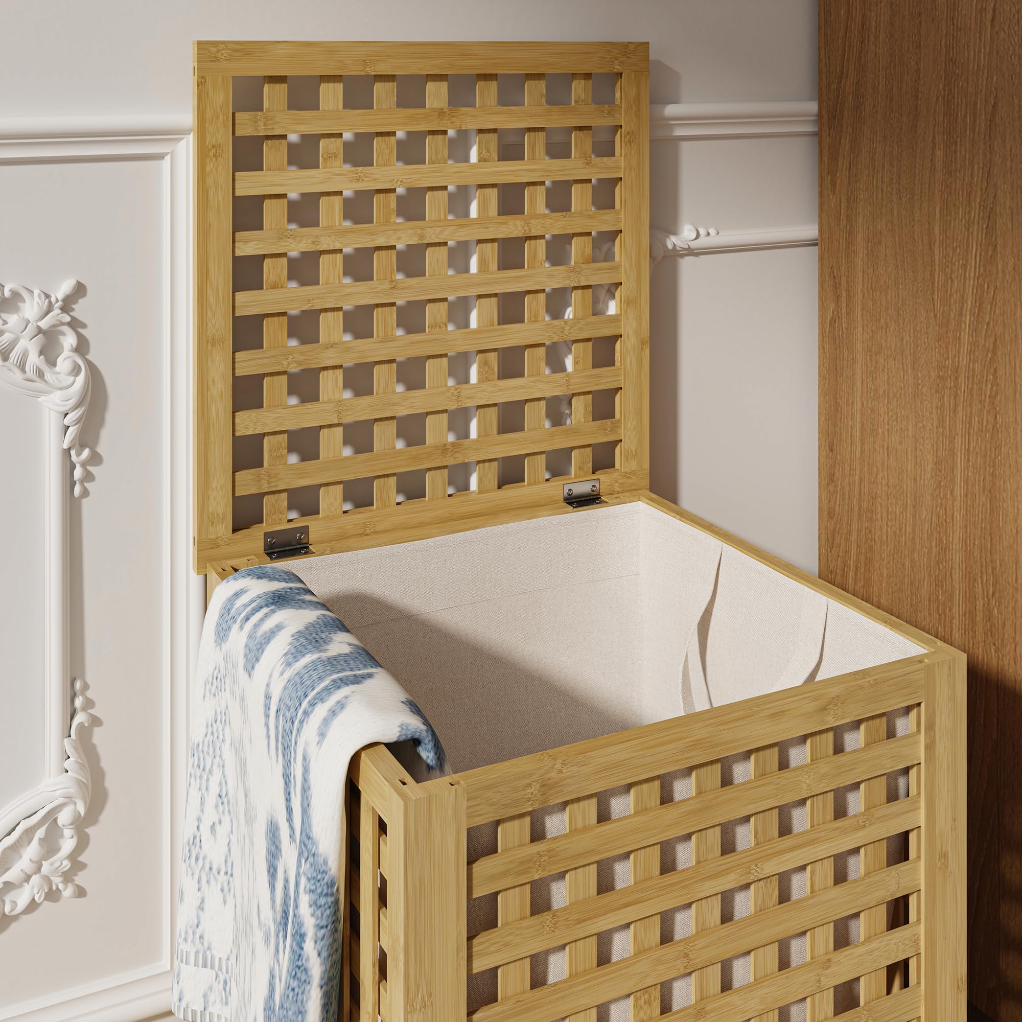 [en.casa] Mobile Portabiancheria in Bambù con Coperchio Ribaltabile e Sacco Interno Rimovibile Cesto per Bucato per Bagno Lavanderia 62x45x45 cm Capacità 79 L
