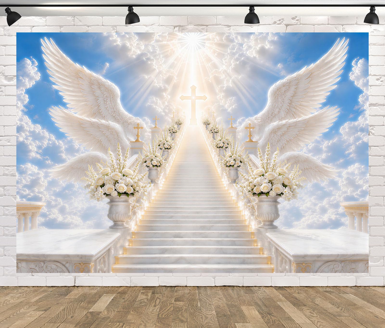 BELECO 3x2m Sfondo in tessuto Scale Verso Il Cielo Ali D Angelo | Luce Sacra Croce Scala verso Il Cielo Sfondo Celebrazione della Vita Striscia Accessori Fotografia Funebre Commemorativa