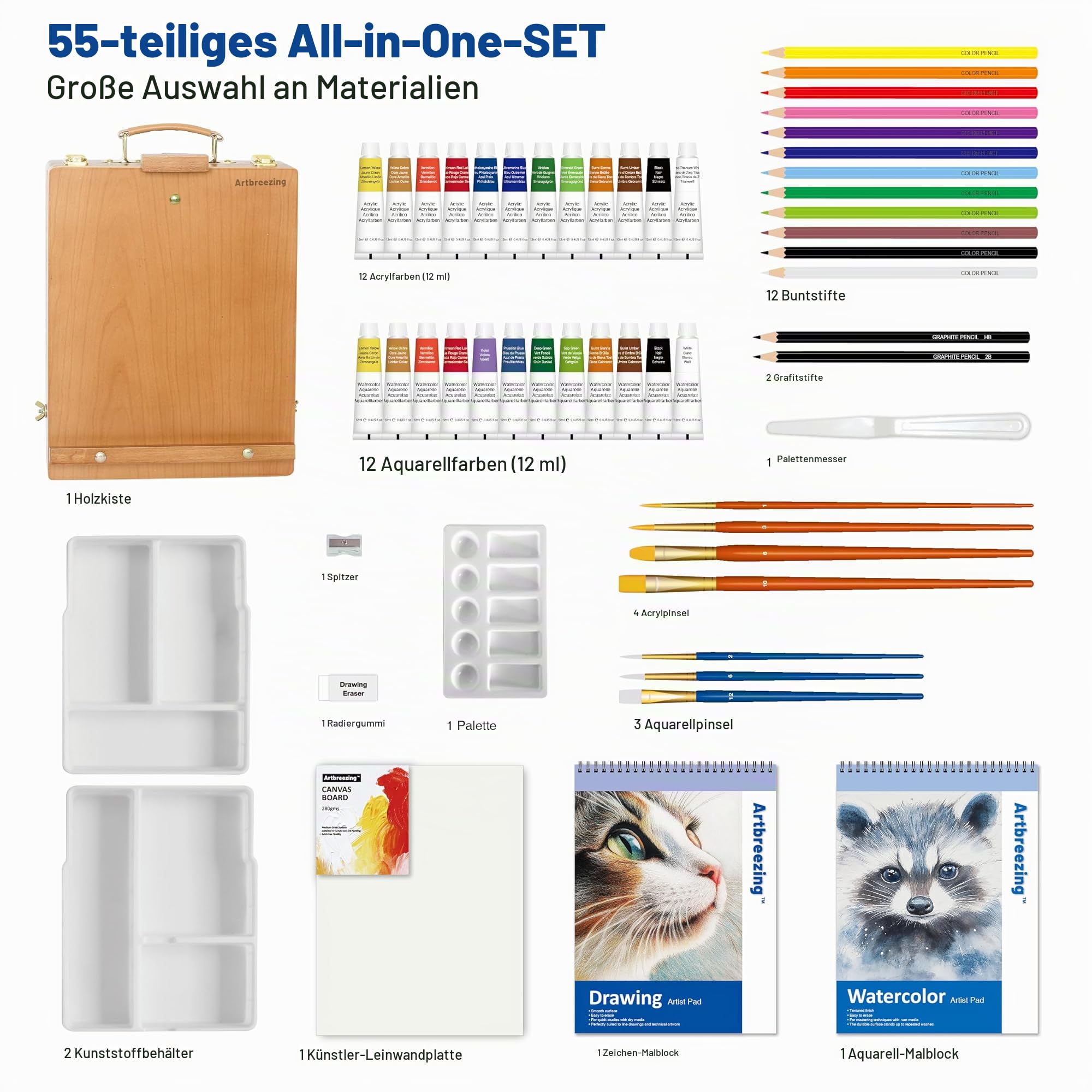 Kunstset mit Staffelei, Komplettes Malset mit Malmaterial | 55-tlg. Kunstset Alles-in-Einem, Tischstaffelei, Sortiertes Malmaterial, Ideales Geschenk für Erwachsene und Kinder