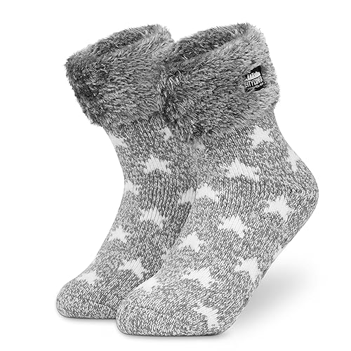 CityComfort Slipper Socks Women Teenagers - Fluffy Socks Non Slip Warm Fleece One Size Lounge Wear - Gifts for Women - One Size - Two Tone Grey