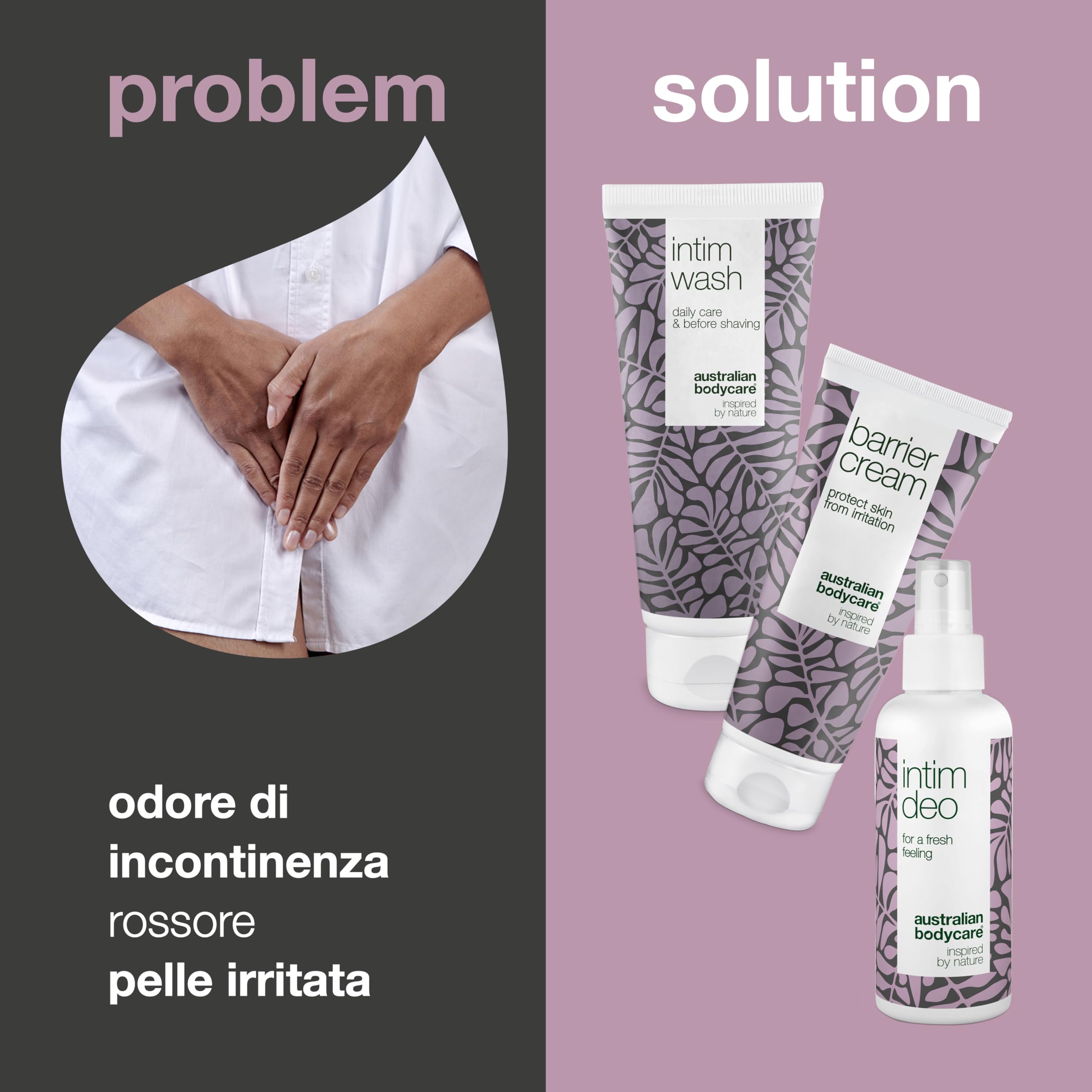 Kit per ridurre disagio e cattivo odore intimo dovuti all’incontinenza | Detergente intimo al Tea Tree Oil (200 ml), crema barriera (100 ml) e deodorante intimo (100 ml) contrastano batteri e odore