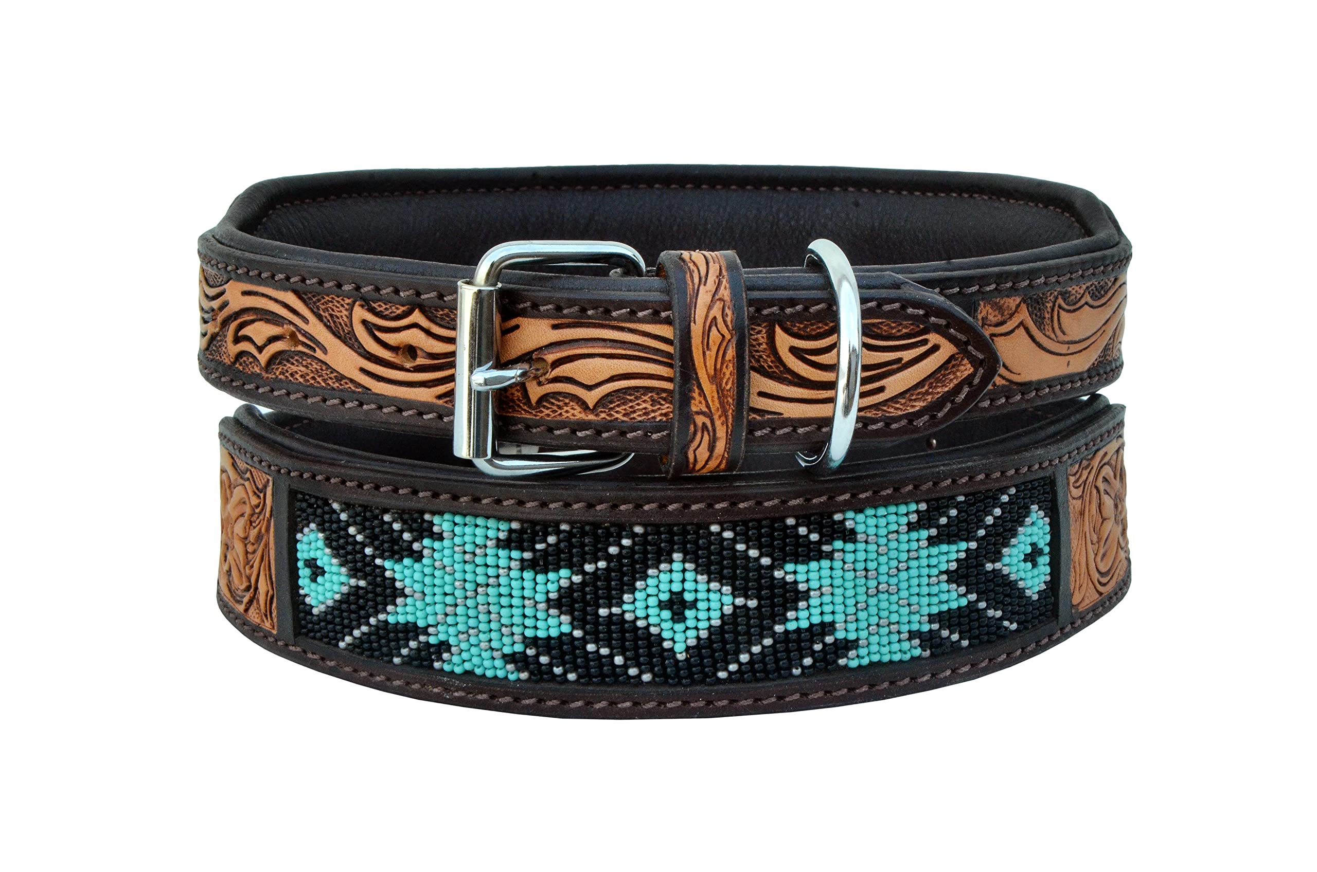 Affilare Leder-Hundehalsband, Western-Stil, strapazierfähig, handgefertigt, verstellbar, mit Perlen und gepolstert, weich für Welpen und große Hunde, 10AB009, Silber, Braun