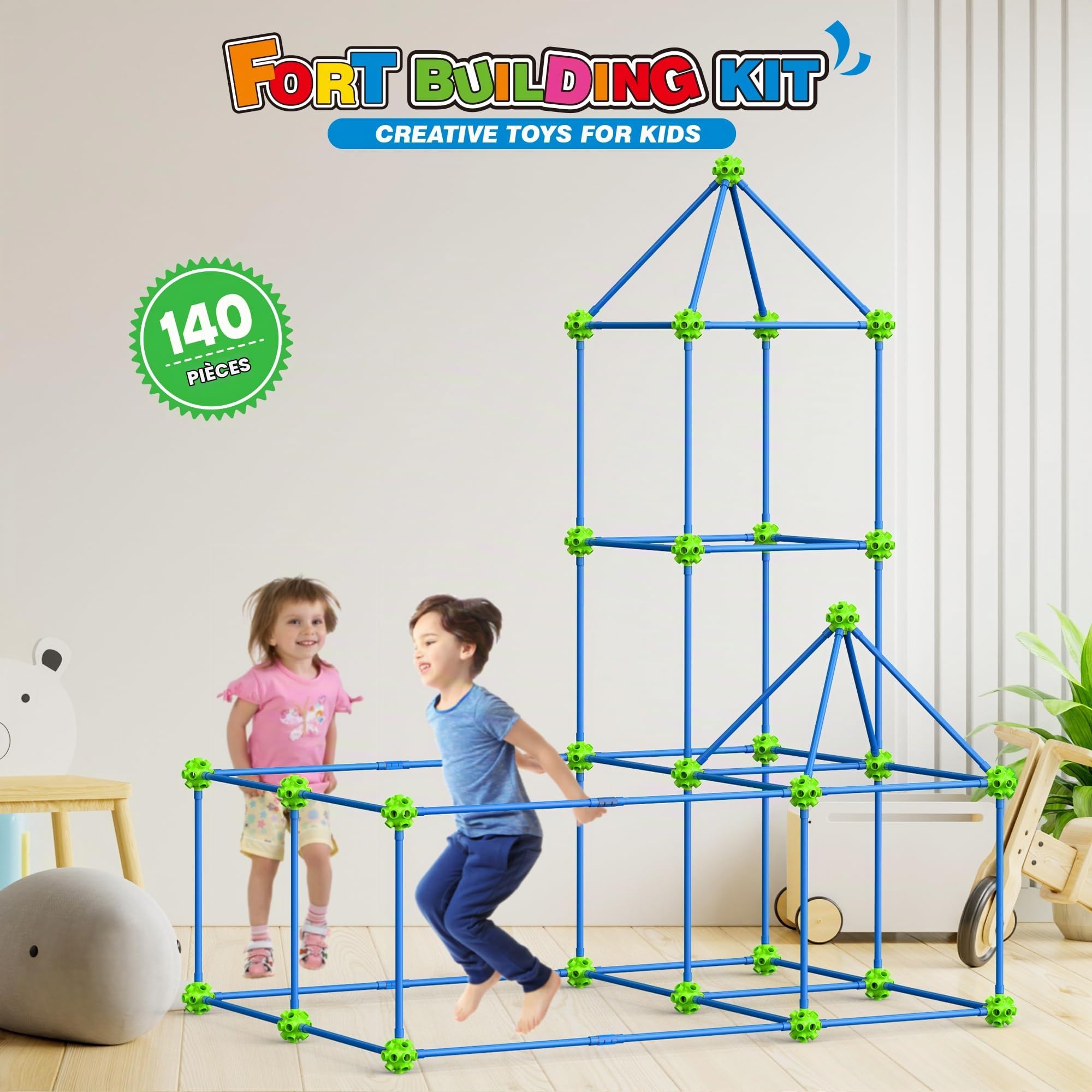 Kit de Construction de Fort pour Enfants, 140 PCS Jouet Fort créatif, Bricolage Construction Châteaux Tunnels Jouer Tente, STEM Maison Jouet Intérieur et Extérieur, pour Garçons Fille Âge 4+