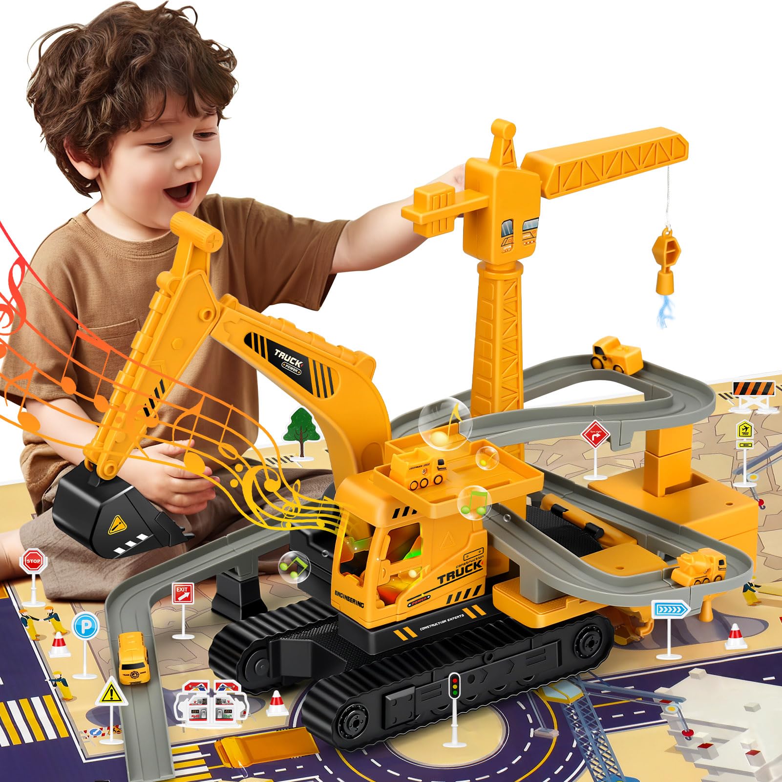 Kids' Construction Truck Toy with Excavator, Crane and Race Track Modes, Ages 3-7 Kids Excavator Crane Toys A for Every Occasion