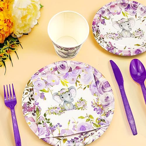Miniatura 4 de Suministros de fiesta de elefante para baby shower, decoraciones de elefante para baby shower para niña, incluye platos, vasos, servilletas,