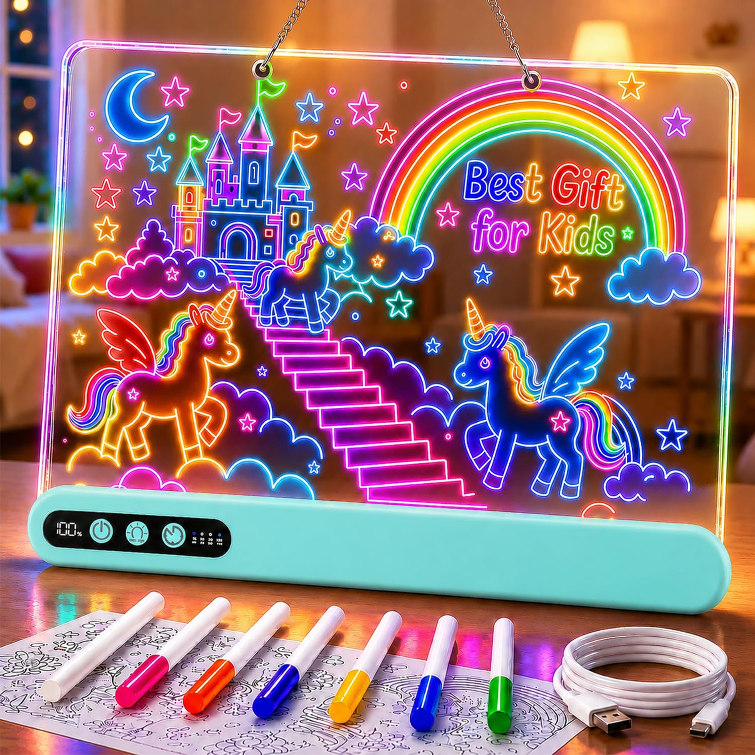 Led Drawing Board with 14 Light Effects,16" Rechargeable Glow Doodle Led Note Board with Colorful Markers,Neon Art Dry Erase Doodle Glow Drawing Tablet,Chritmas Birthday Festival Gifts for Kid (Blue)