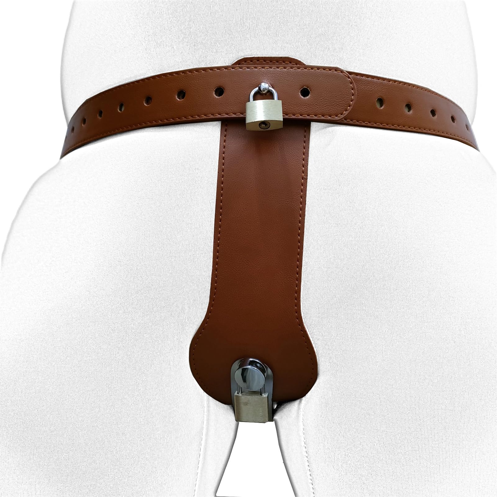 Ceinture de chasteté verrouillable for femme avec 2 serrures et plug anal à 4 boules, culotte de chasteté en cuir verrouillable, cage de chasteté confortable SM bondage sex toy for femme(Brow