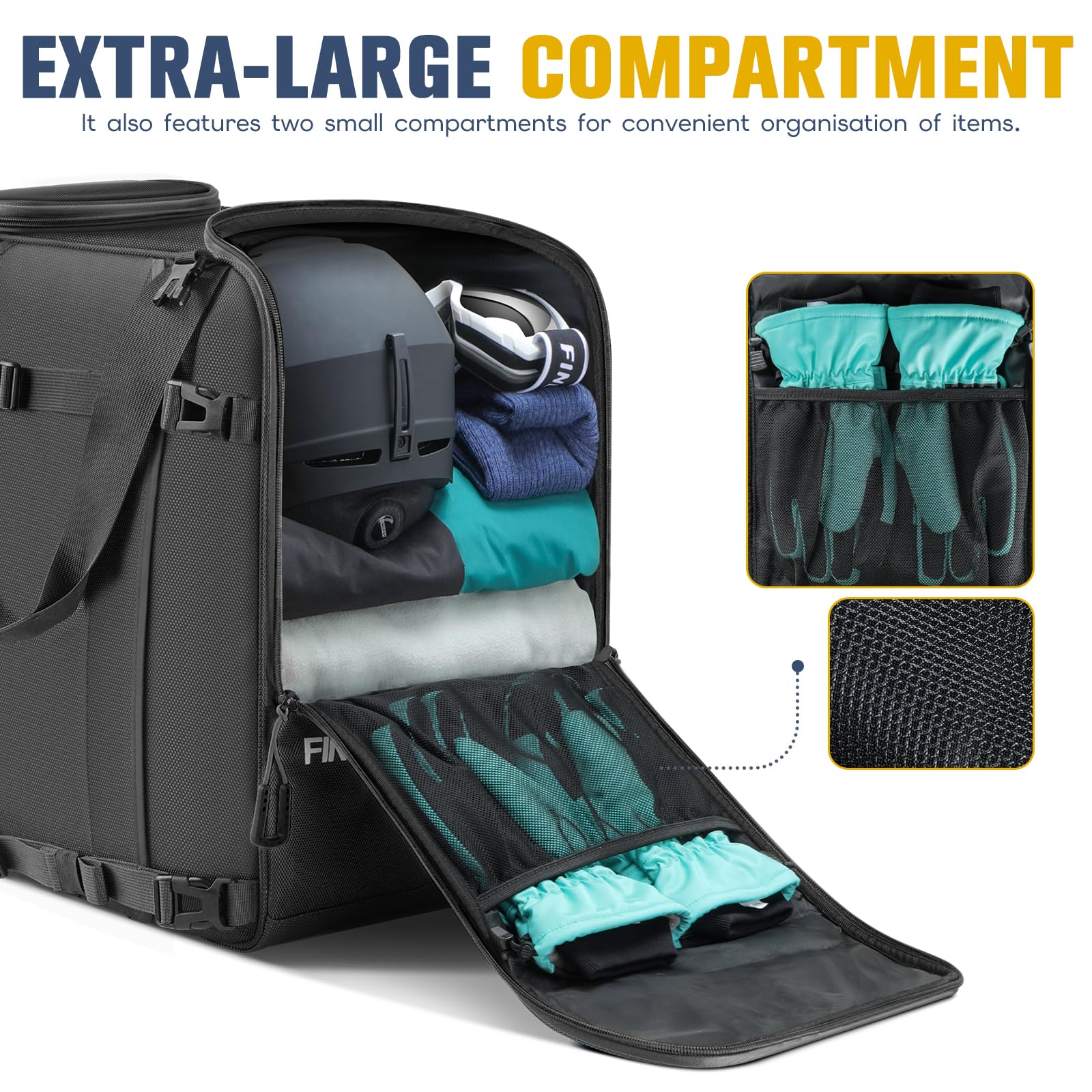 Findway Sac à Chaussures de Ski，55L Housses à Skis avec Compartiment pour Casque,pour Veste, Casque, Lunettes de Protection, Gants