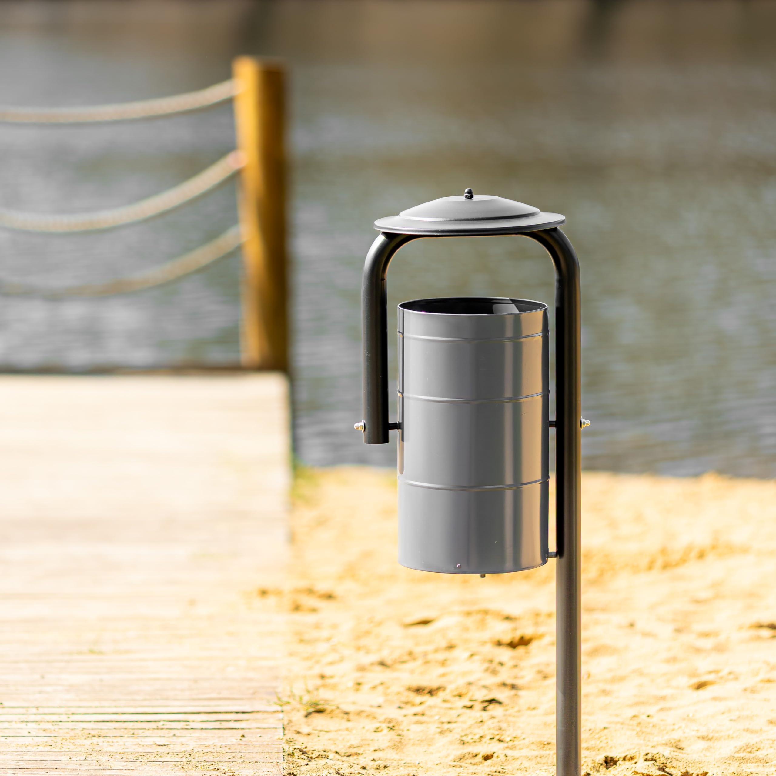 REKORD Robuster Abfallbehälter Grau 30L Mülltonne für Park Garten Stadt Outdoor Wetterfest Metall Modernes Design mit Regenschutz
