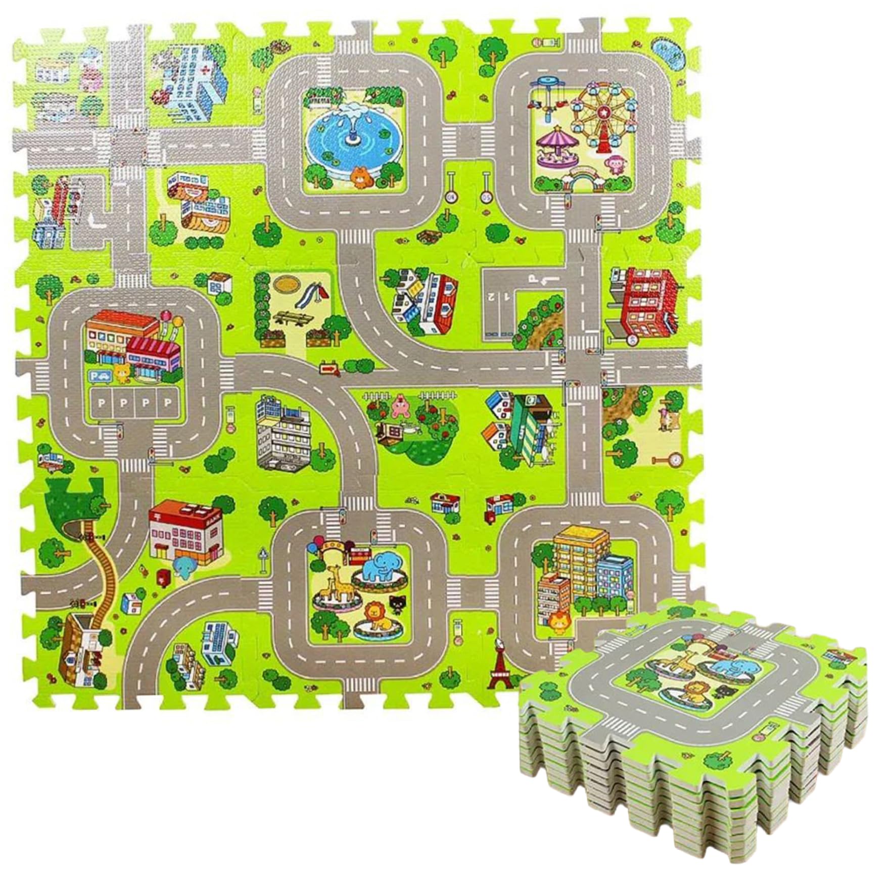 Puzzle Mat 9 Tiles 12x12in PE Foam Interlocking Kids Play Mat, Road Traffic Design, Educational