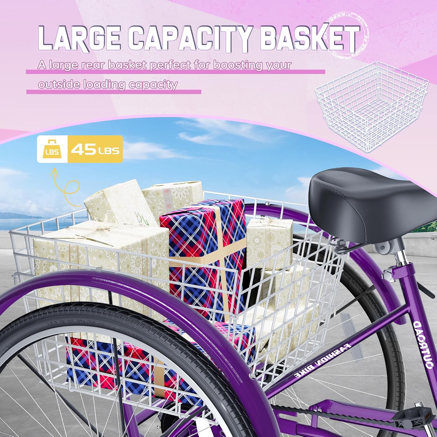Betterland 1 Speed Adult Tricycle, 24/26-Inch Adult Trikes with Basket for Seniors, Stable 3-Wheel Cruise Bicycle for Shopping, Beach and City, 3 Wheel Bikes for Men, Women, 3 Colors