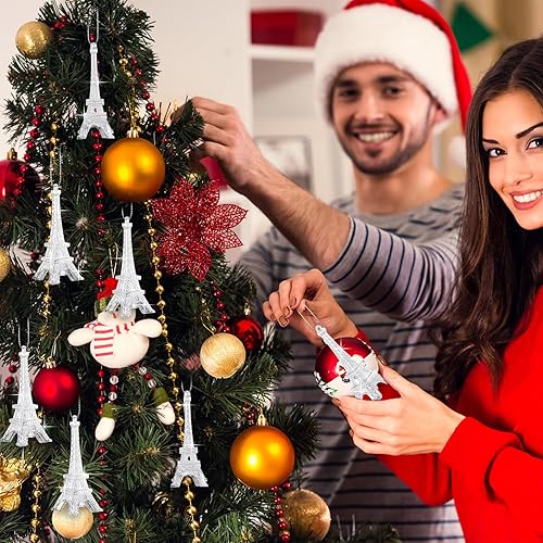 Miniatura 7 de Thyle 24 adornos para árbol de Navidad de la Torre Eiffel, decoraciones plateadas con purpurina de París, adornos colgantes de la torre Eiffel de