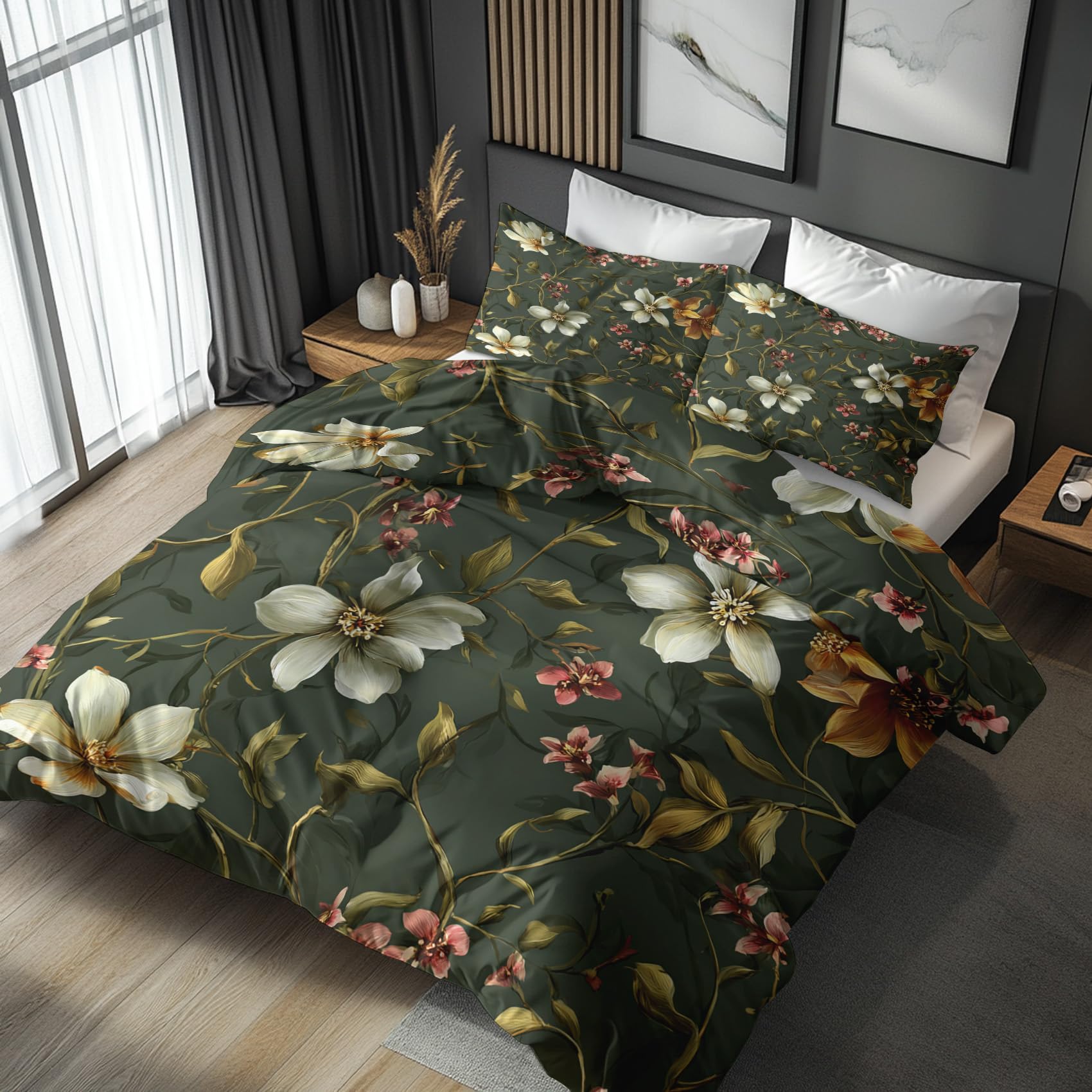 Generisch Grün Blumen Bettwäsche 135x200, Schlafzimmer Deko Wendebettwäsche 2tlg, Botanisch Blumenmuster Bettbezug & 1 Kissenbezug 80x80, Weiche Mikrofaser, mit Reißverschluss -h457