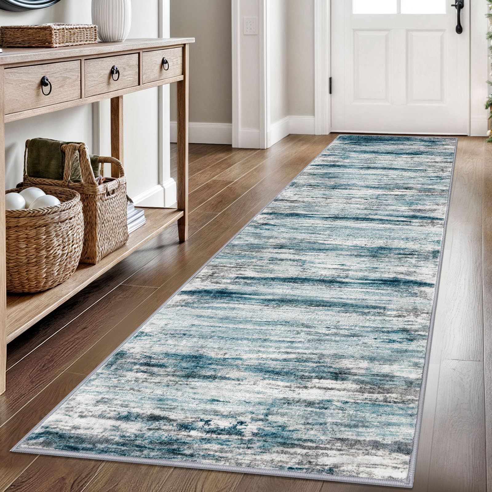 KOZYFLY Modern Abstract Hallway Runner Rug, 2.6x8 Washable Rug Runner Non-Slip Soft Striped Kitchen Runner Rugs, Print Light Blue Carpet Runner for Entryway Bathroom Laundry Room Foyer — image 1