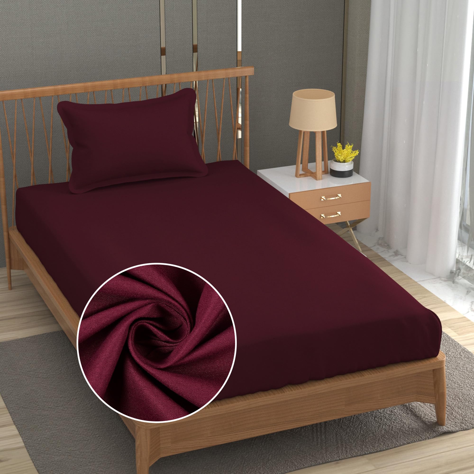 FRESH FROM LOOM Anti Fade Solid Plain 240 TC Single Size Bedsheet Set with 1 Pillow Cover - Soft Fabric (Size- 60 x 90 inch | Wine| Solid)-image-42