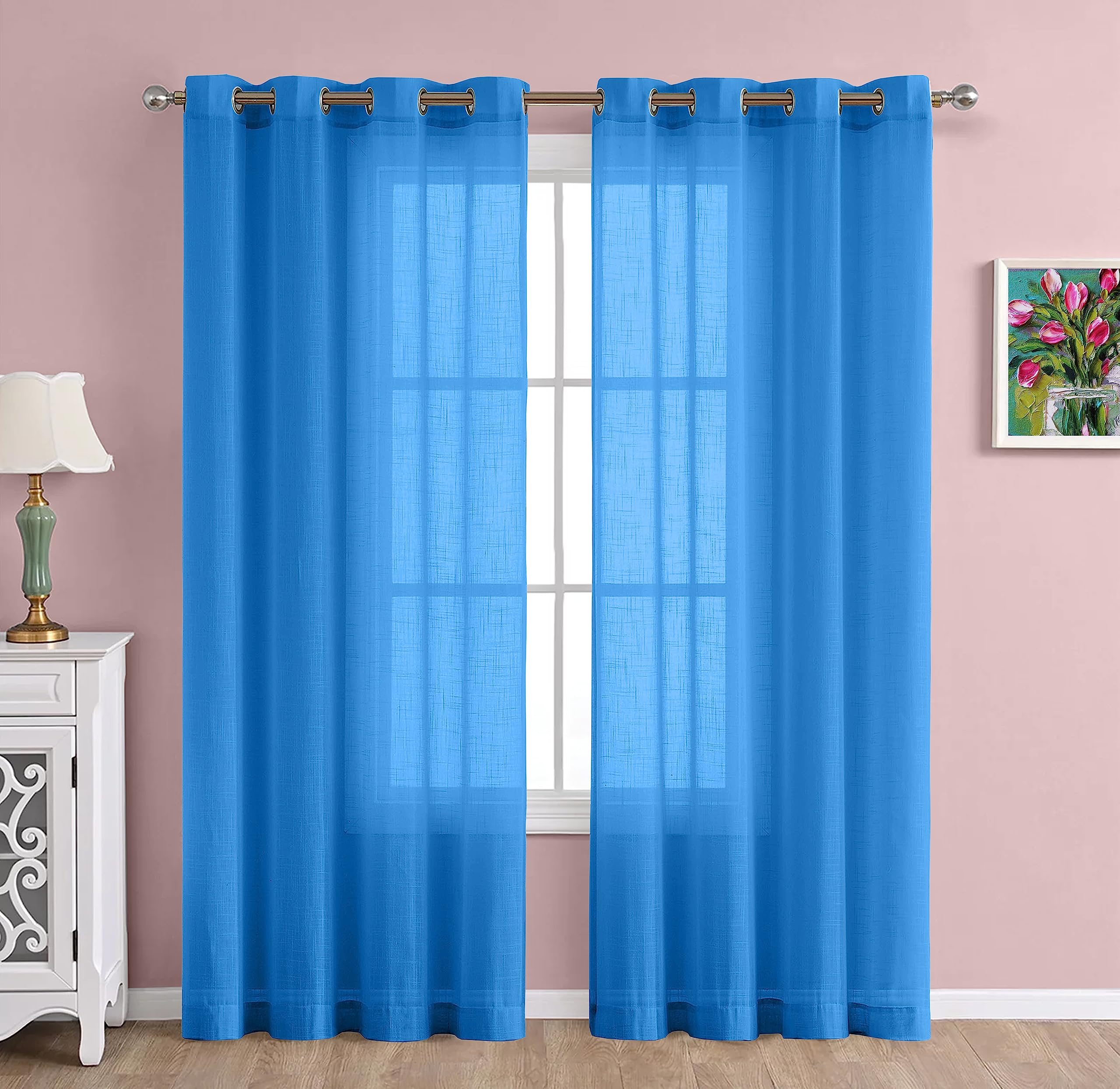 THE LINEN COMPANY Cotton Linen Solid Window Curtain Set with Steel Eyelet Rings- 4 Feet (Carolina Blue, Set of 2)