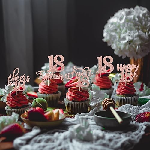Miniatura 6 de Rsstarxi Paquete de 30 adornos para cupcakes de cumpleaños número 18 con purpurina de oro rosa, 18 palillos para cupcakes, decoraciones de pasteles