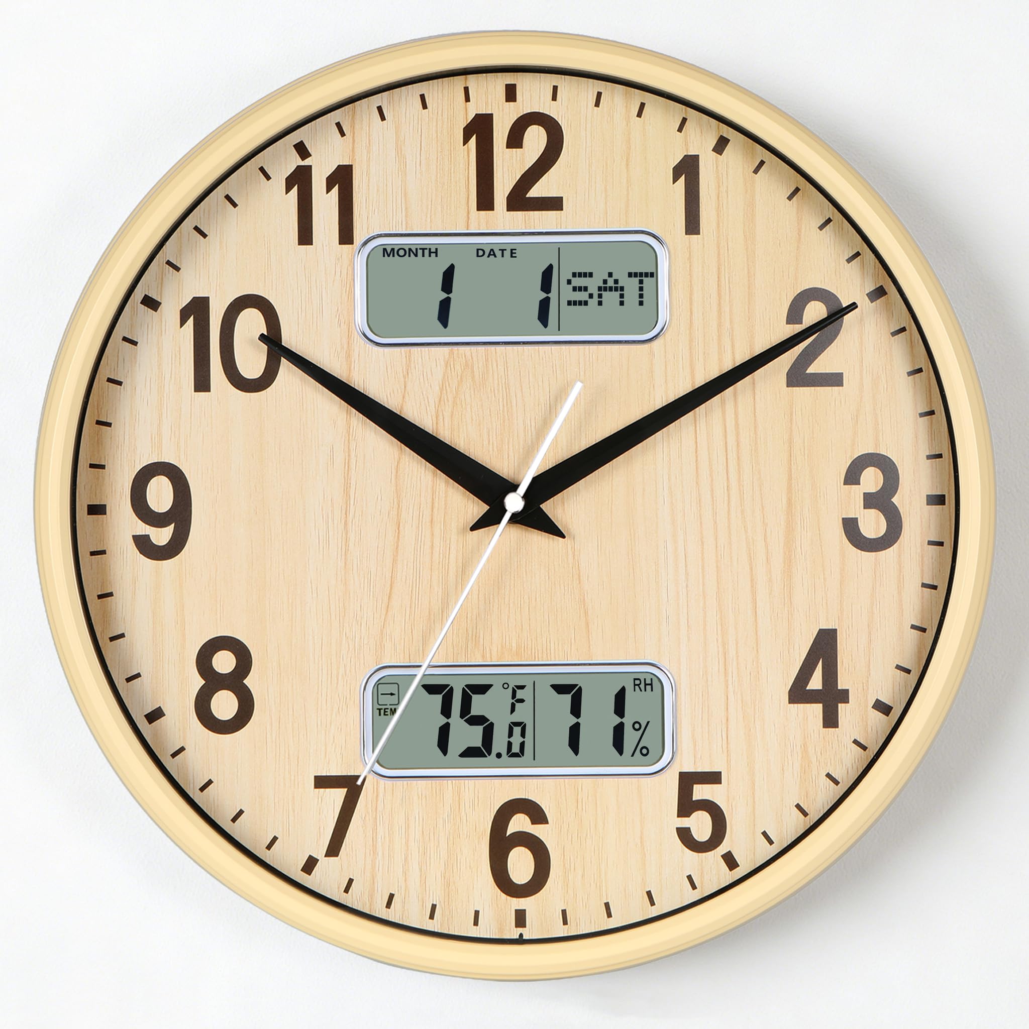 Nbdeal Orologio da parete analogico silenzioso da 13 pollici con calendario temperatura e umidità (naturale) FX-6947