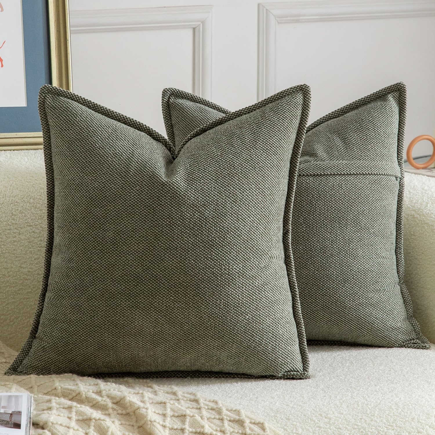 Housses de coussin en chenille vert olive 65x65 cm salon moderne