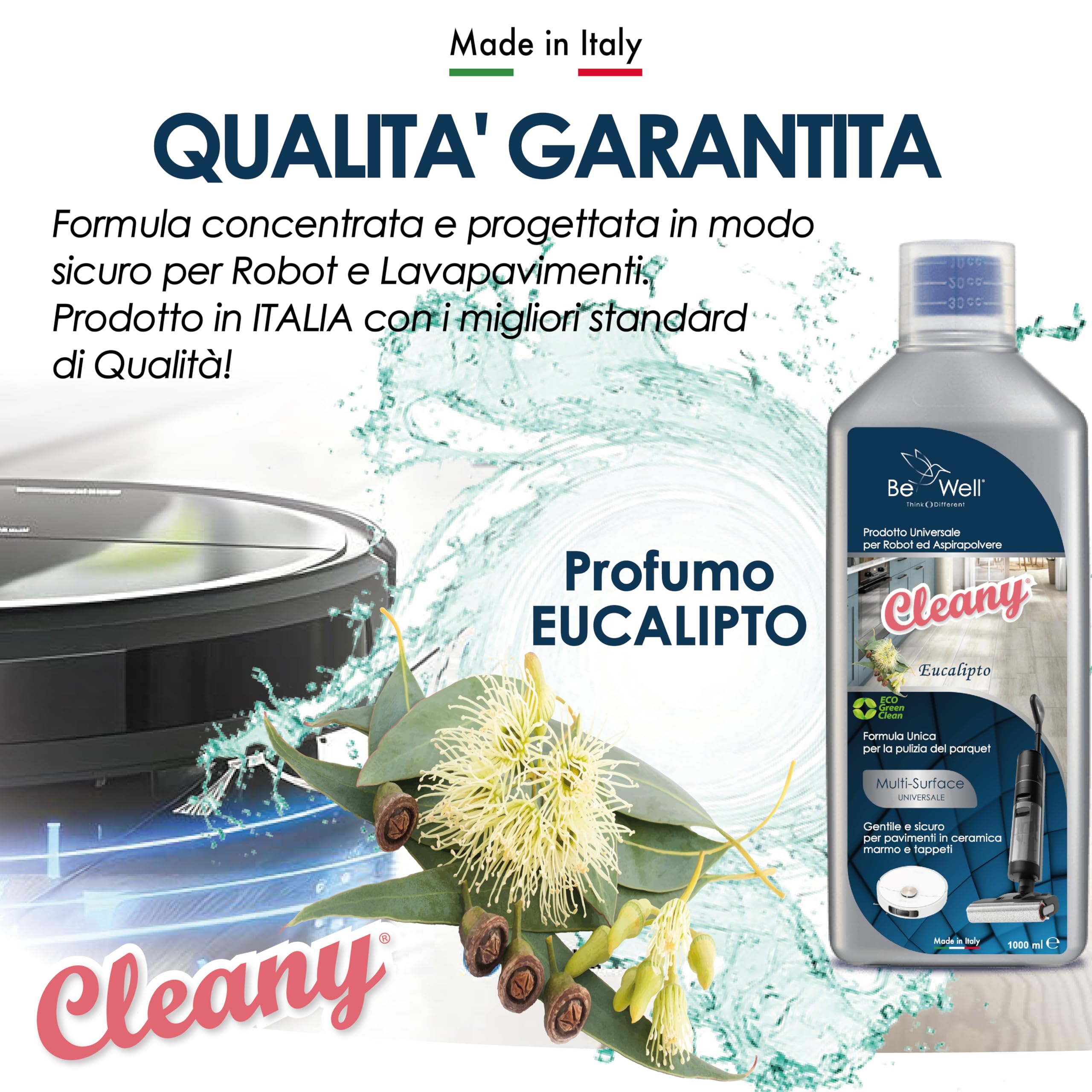 CLEANY Detergente Concentrato per Robot Lavapavimenti e Aspirazione con Igienizzante Multisurface 1000ml pulizia senza aloni e sostenibile Adatto a tutti i Robot (Eucalipto)