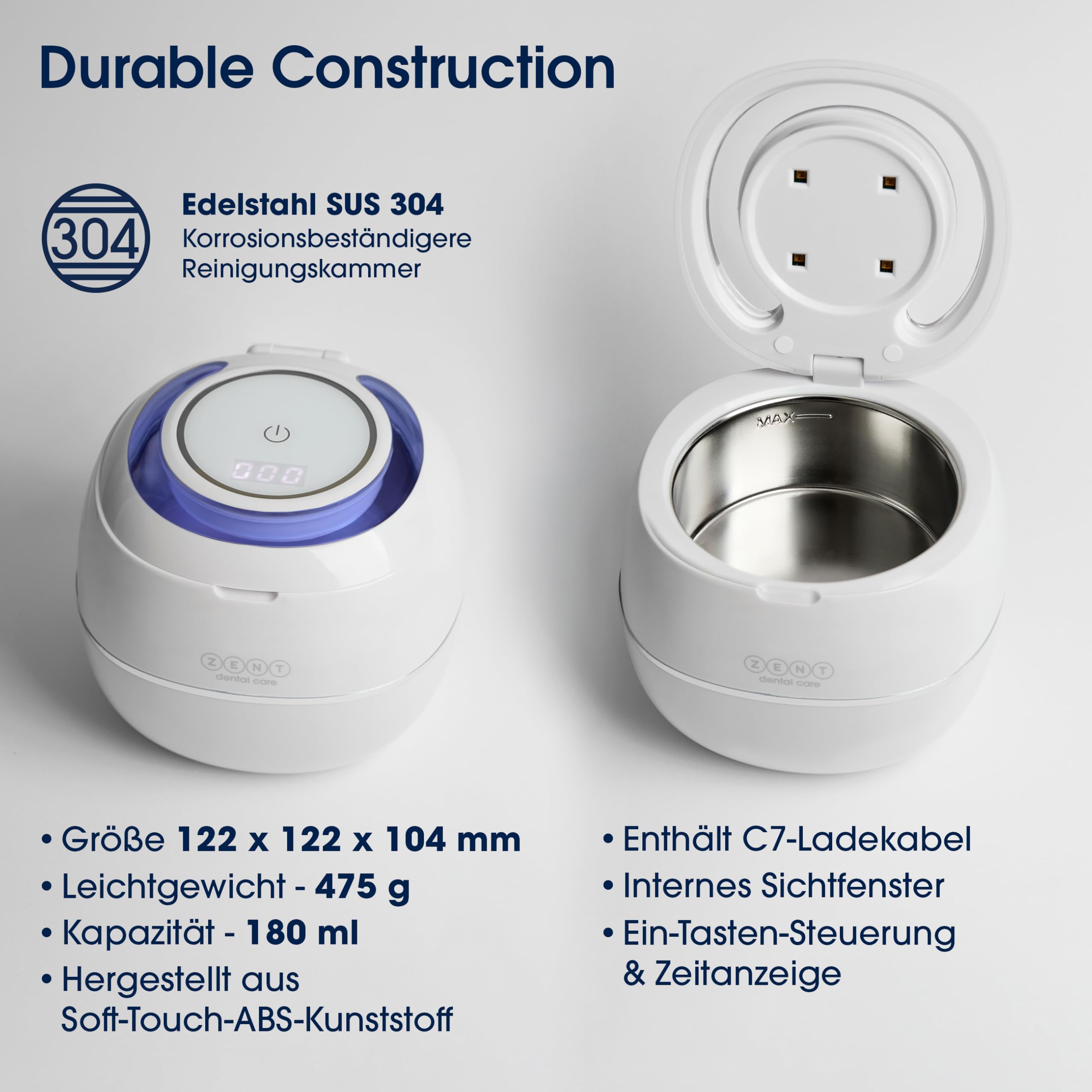 ZENT Ultrasonic Cleaner Ultraschallreinigungsgerät für Zahnschiene Zahnprothesen Schmuck | Ultraschallreiniger 42 kHz, Schnelle Reinigung in 5 Minuten, Ultraschallbad, mit UV-Desinfektion, 0.2l