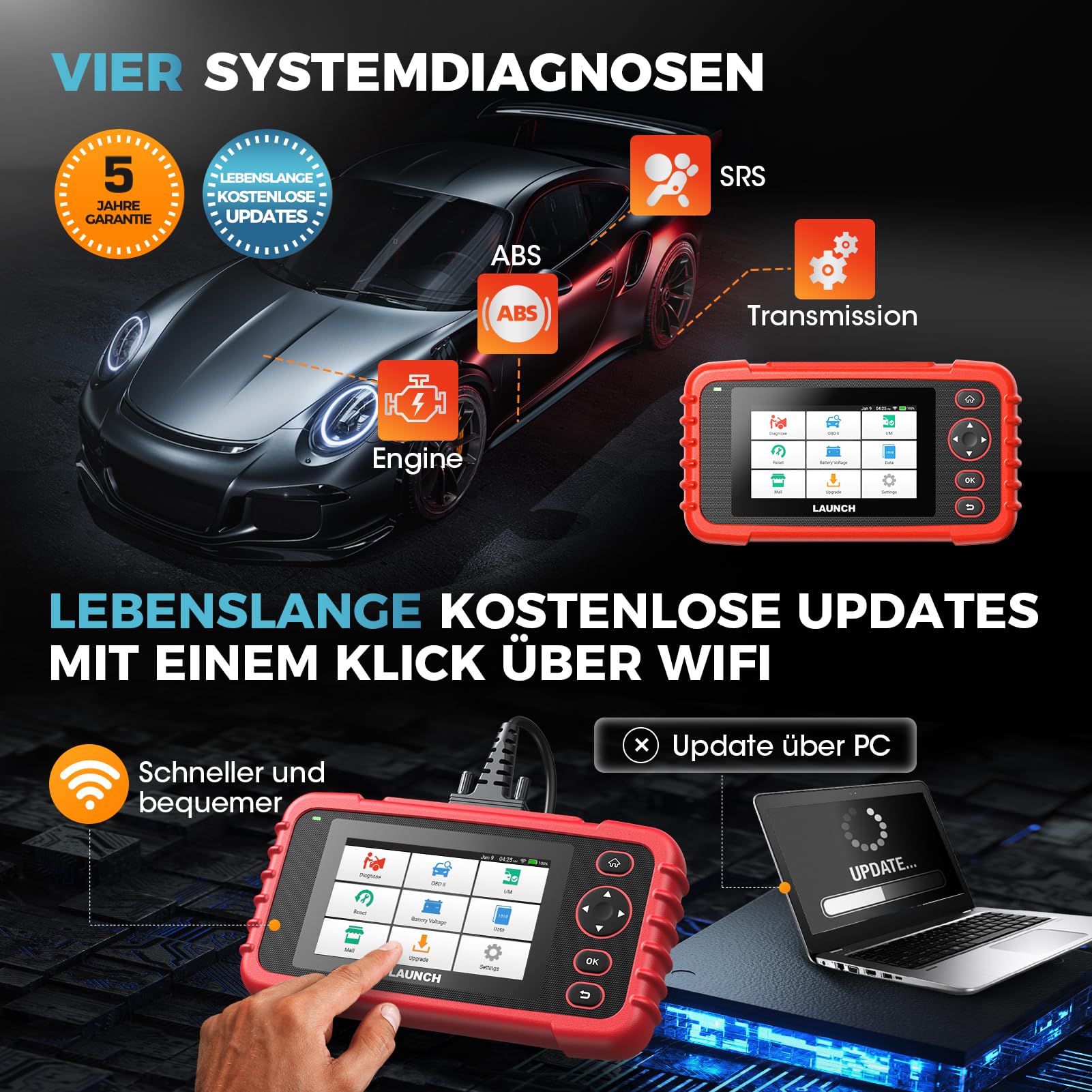 LAUNCH CRP123X V3.0 Valise Diagnostic Auto OBD2 Professionnelle - Compatible Toutes Marques, Diagnostic 4 Systèmes, Reset EPB/FAP/Vidange, SAS/BMS/TPMS, Test Batterie, Lecture VIN avec Maj GRATUITES