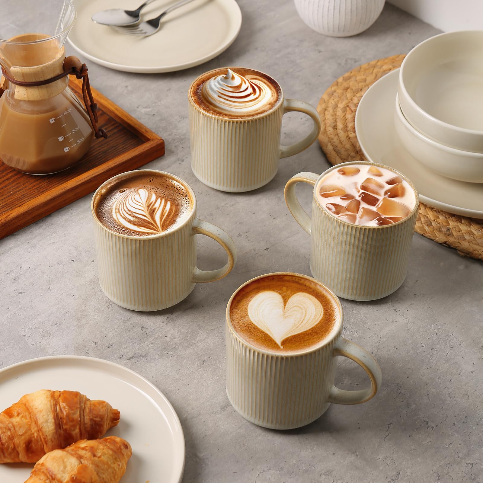 MONITO Juego de 4 tazas de café de 16 onzas, tazas de café de cerámica con asas grandes, adecuadas para latte, té caliente, capuchinos, moca y cacao, beige bonbon